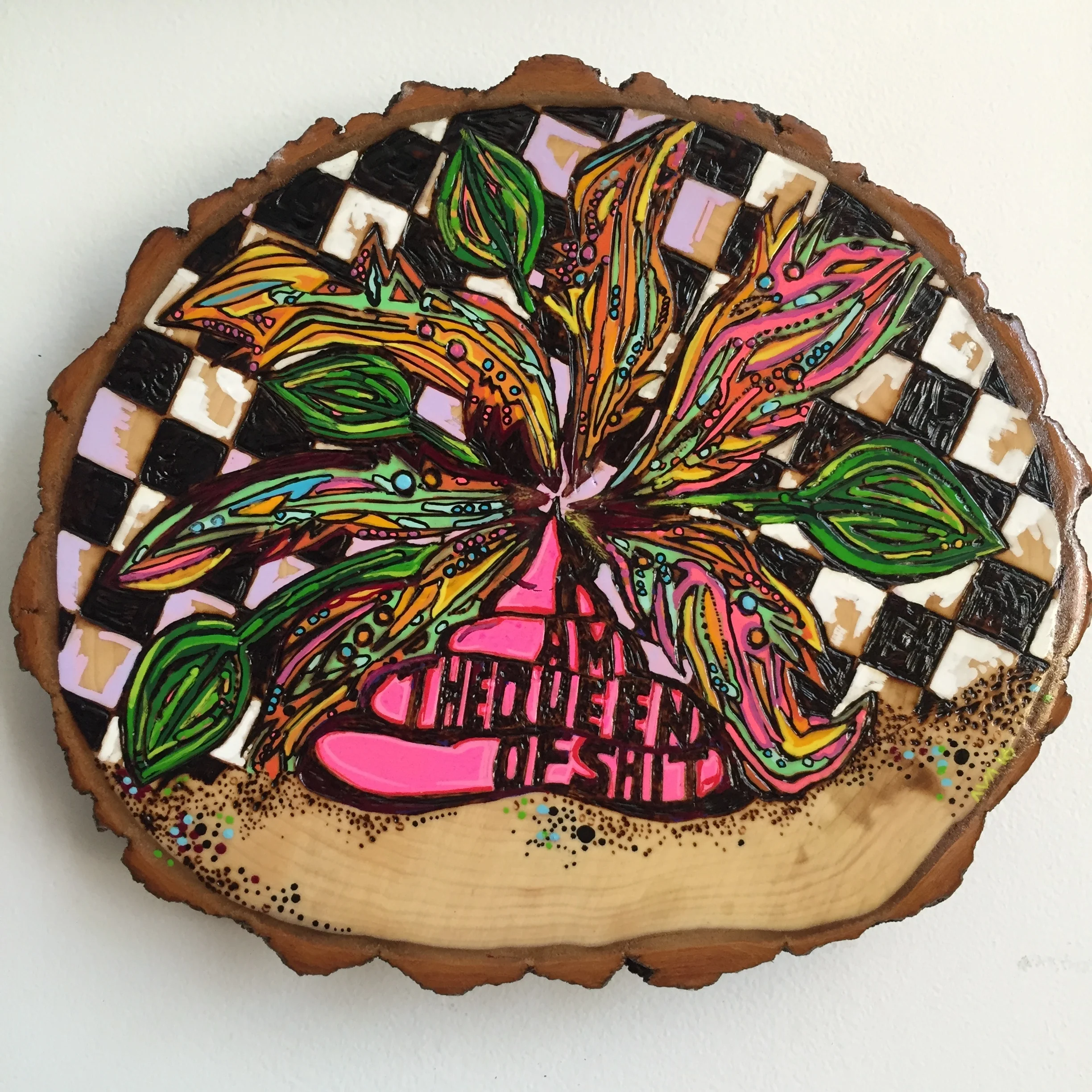  I am the queen of shit   pyrography acrylic and oil on pine     2016    9'' x 8'' 