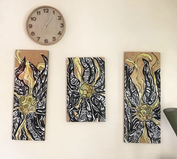  What you do speaks so loudly I can’t hear what you say     oil and acrylic on scrap     2018    10’’ x 28’’,  12’’ x 20’’, 11’’ x 28’’ 