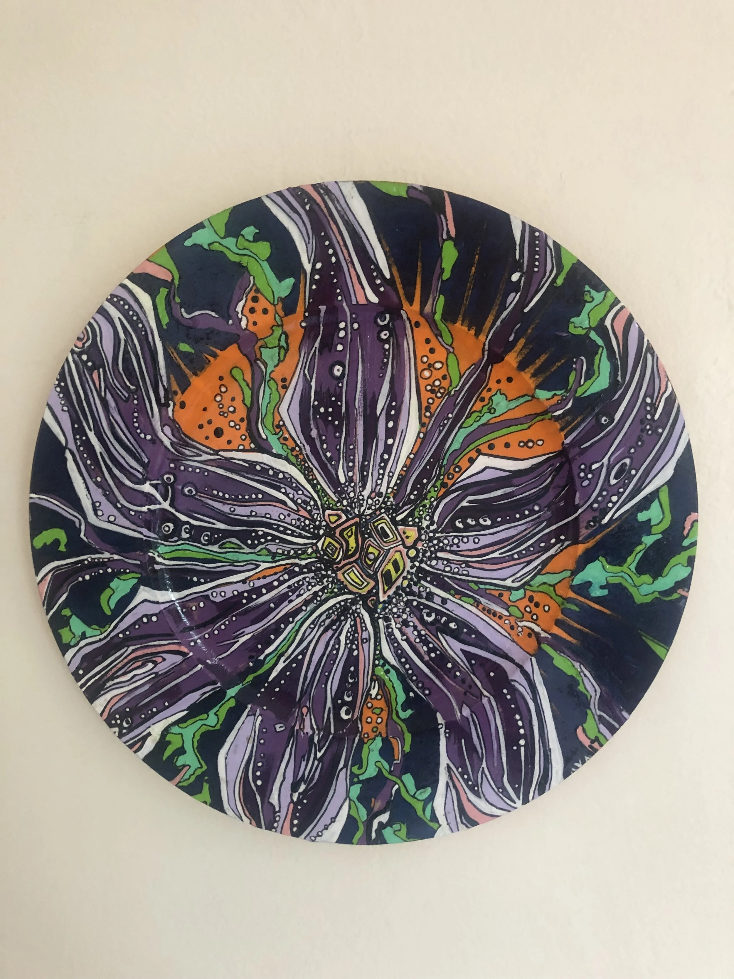  it won't always be this way bloomed by pregnant you see 2   oil and acrylic on birch plate     2017-2018    12’’  aka off we go adventuring 