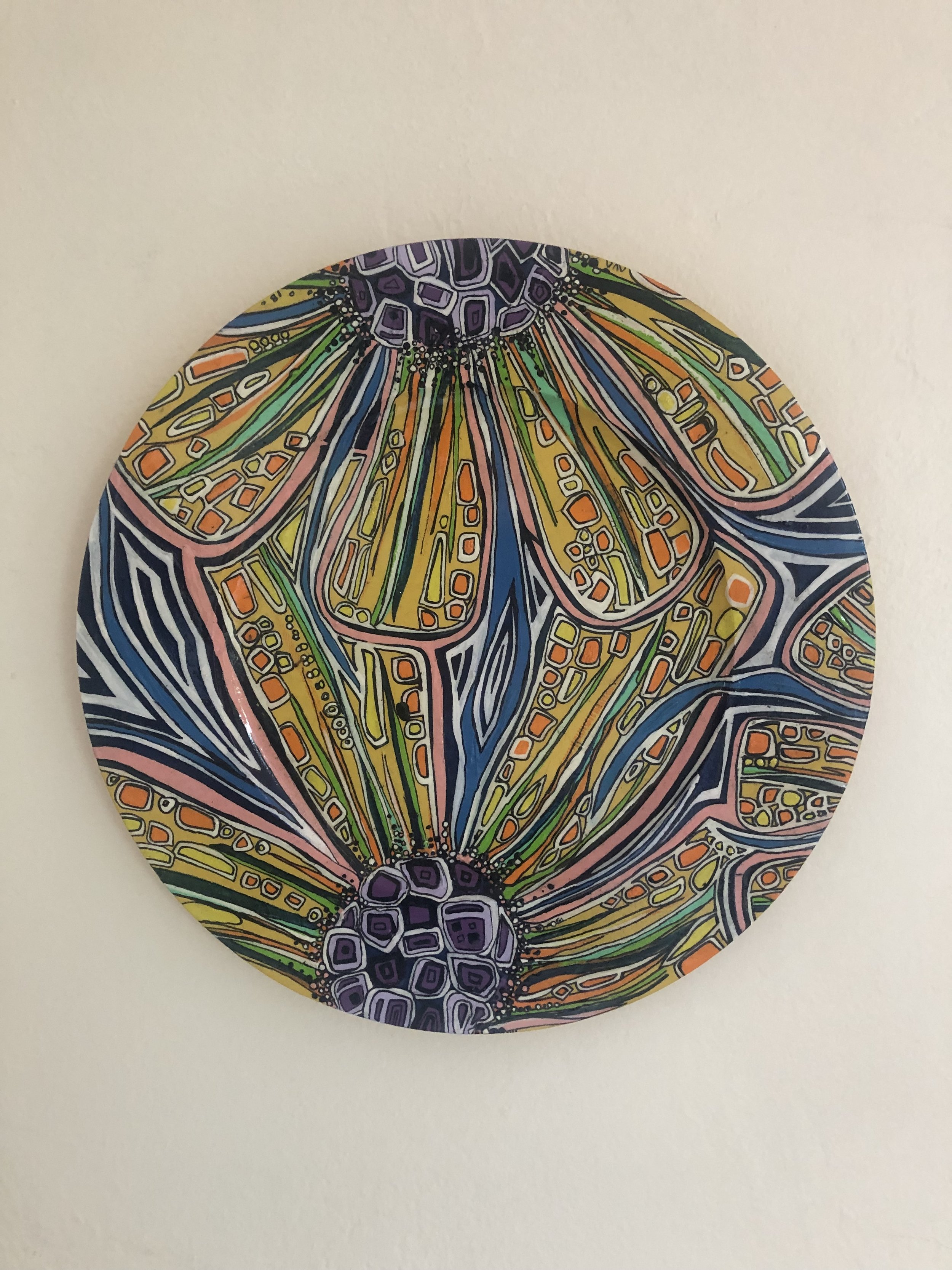  it won't always be this way bloomed by pregnant you see 1   oil and acrylic on birch plate     2017-2018    12’’    aka off we go 