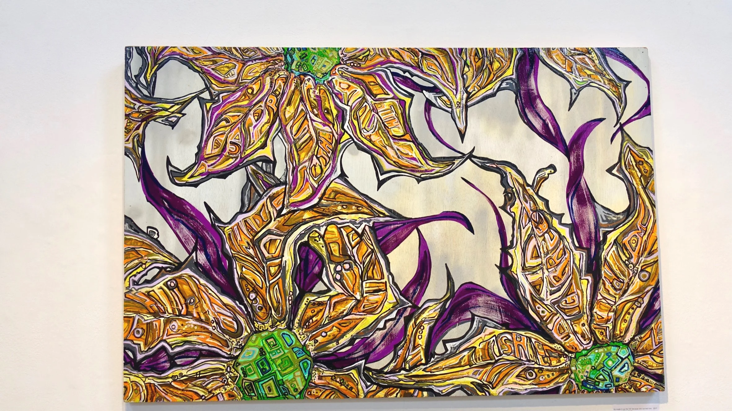  he made it up the hill because she carried him   oil on side of wooden shipping crate     2017-2018    60’’ x 36’’ 