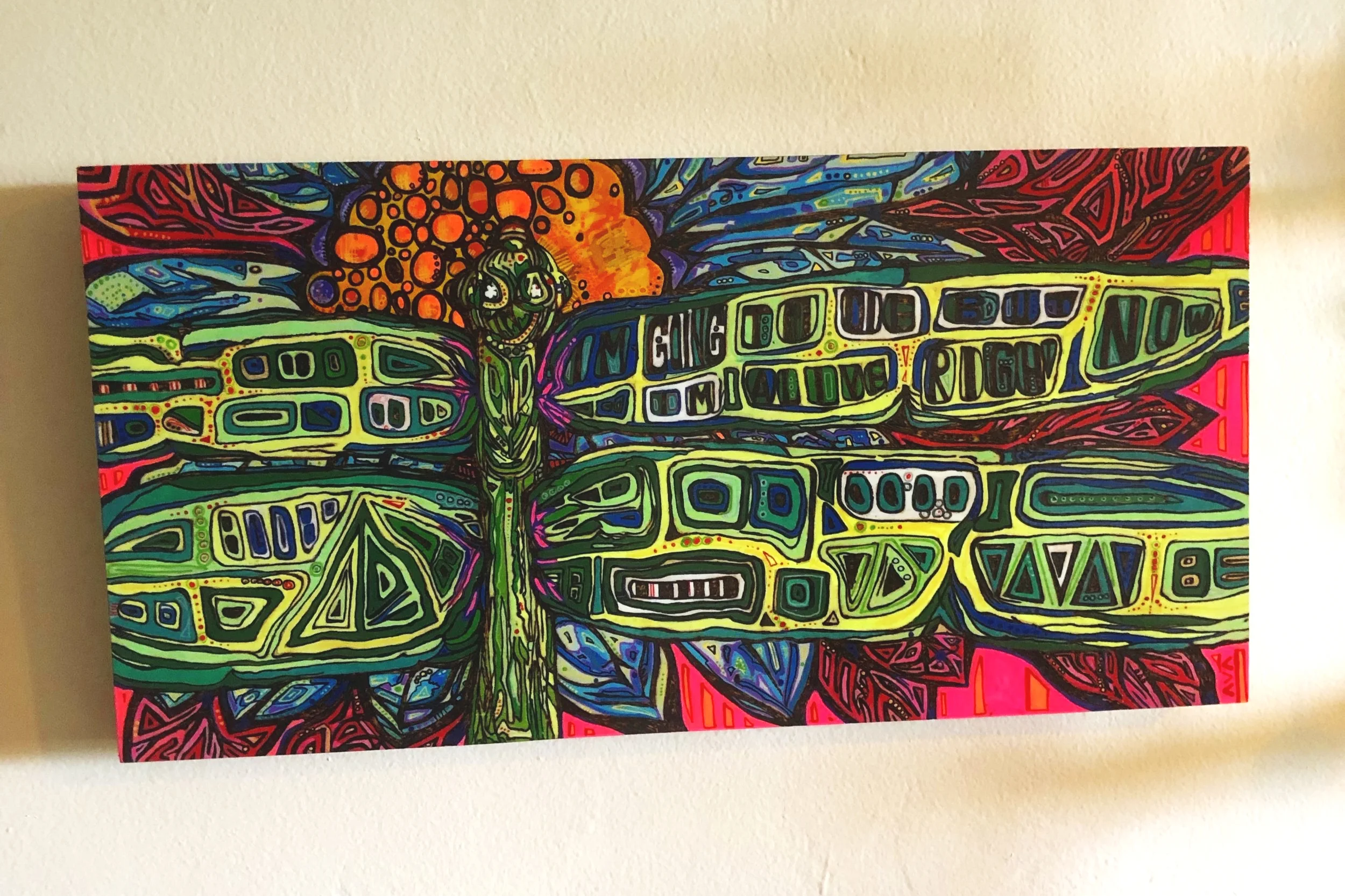  I'm going to die, but I'm alive now   pyrography and acrylic on birch     2016    10'' x 20'' 