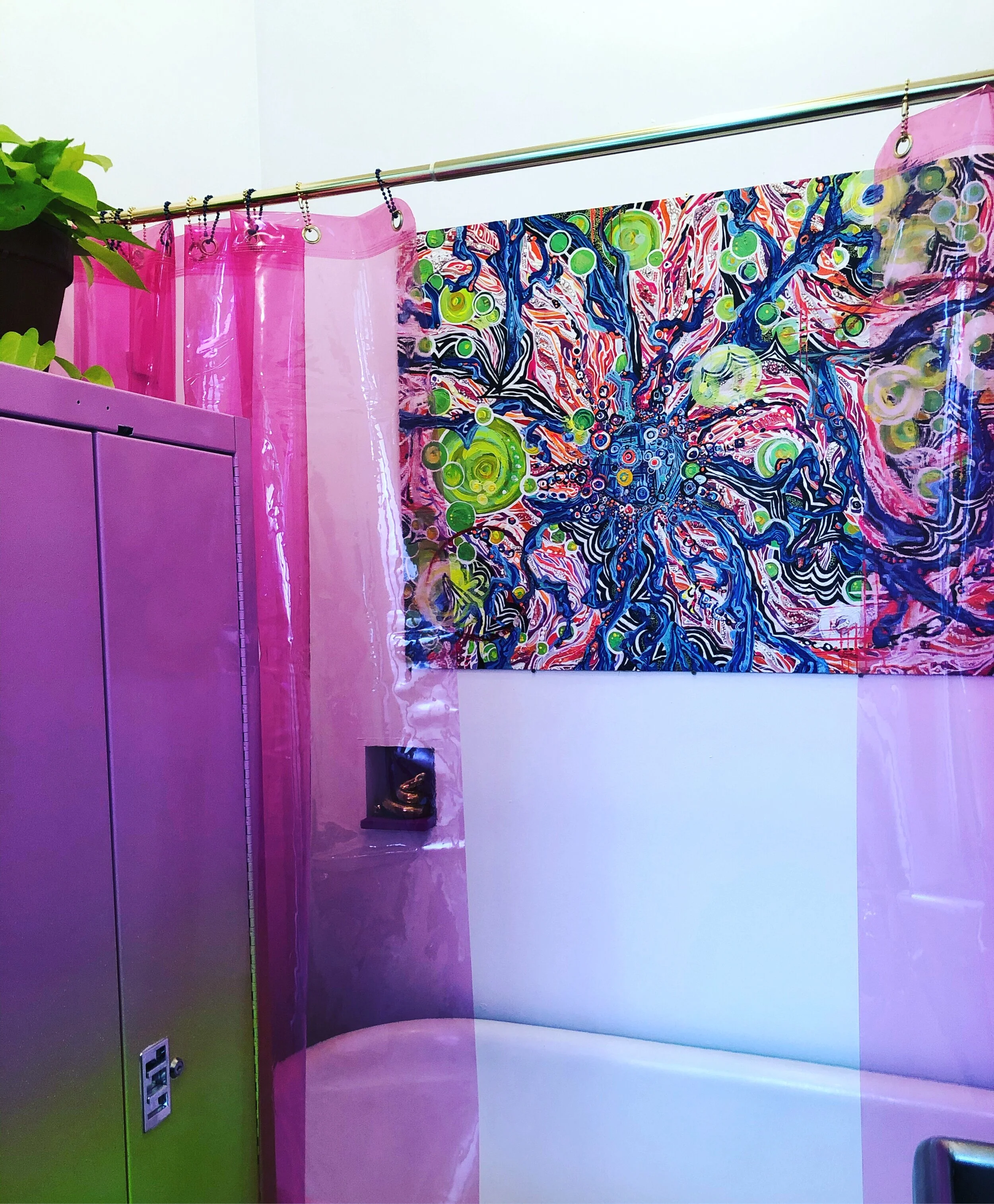  I’ll never be done with you    bathroom installation at neighborhood salon       Peter Shire scrap wood oil and acrylic    2019-2020    painting 3'x5' 