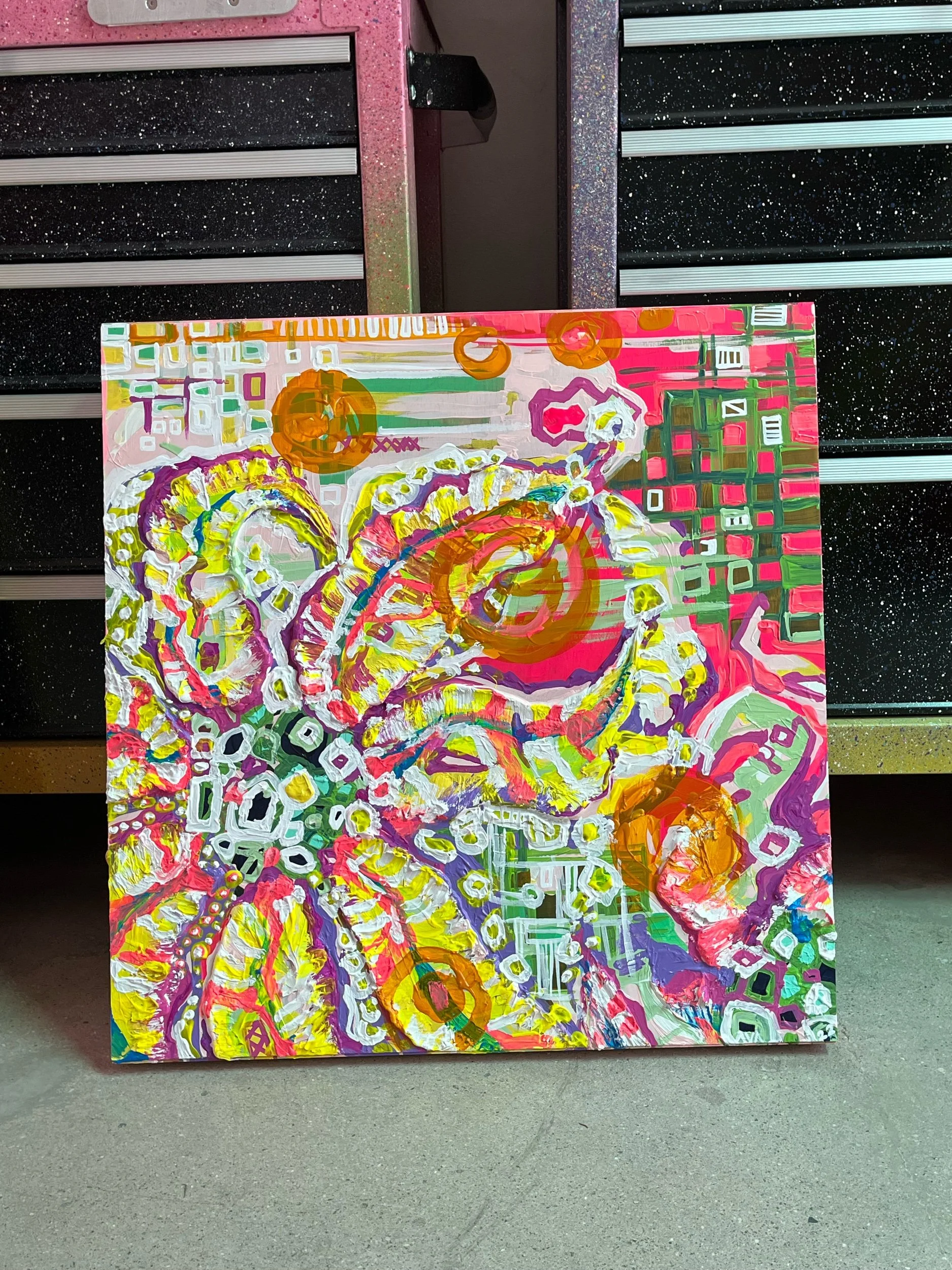  I’m so mad  2018-2022  26”x26”  oil, acrylic, additives, scrap wood board 