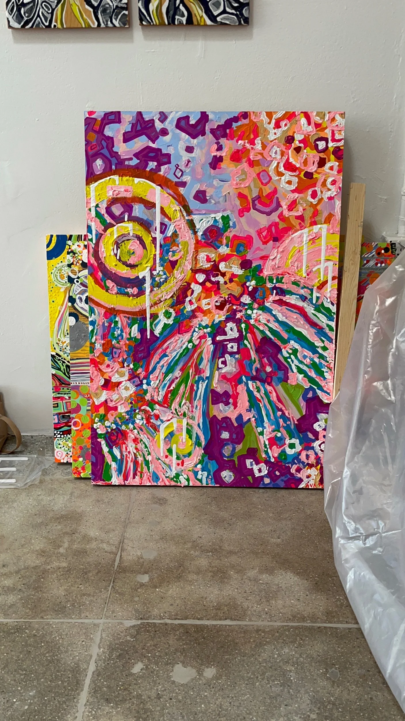  someone’s about to go down  28”x38”  Oil, acrylic, additives, scrap wood board 