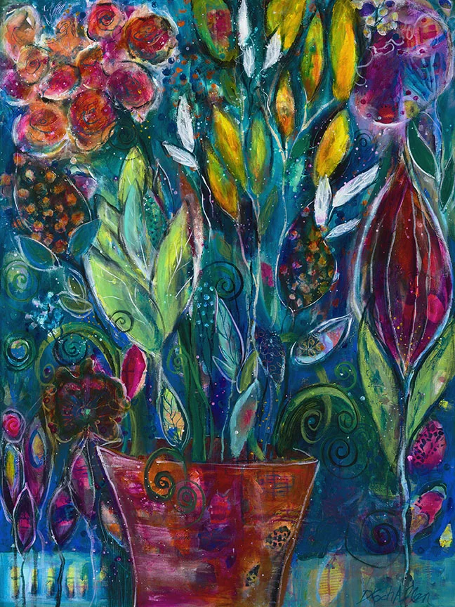 2018 winning artwork: Garden Fantasia by Doreen Koch Allen: acrylic, 40”H x 30”W. Read more about Doreen and her art on our blog .