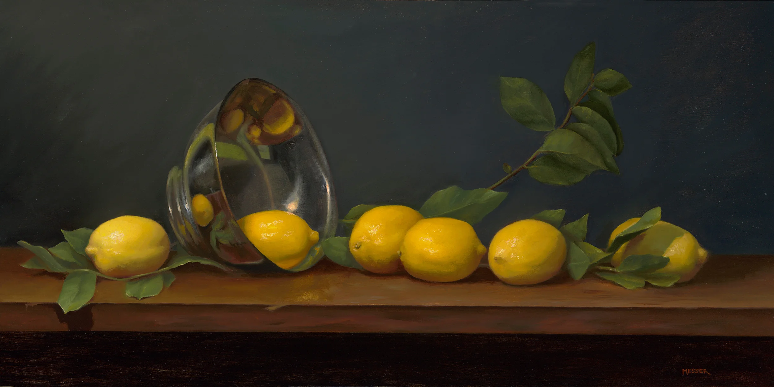 Lemons with Silver Bowl, 2019, oil on linen, 28 x 14 in. Commissioned.