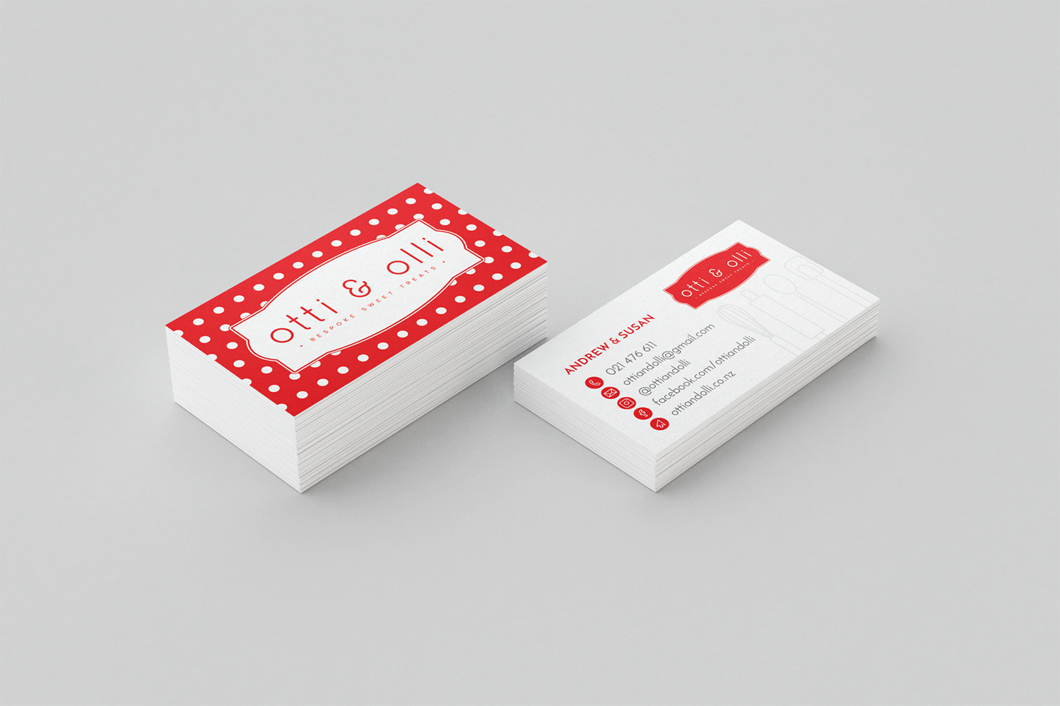 Red and White Polka-Dot Business Cards for Otti and Olli