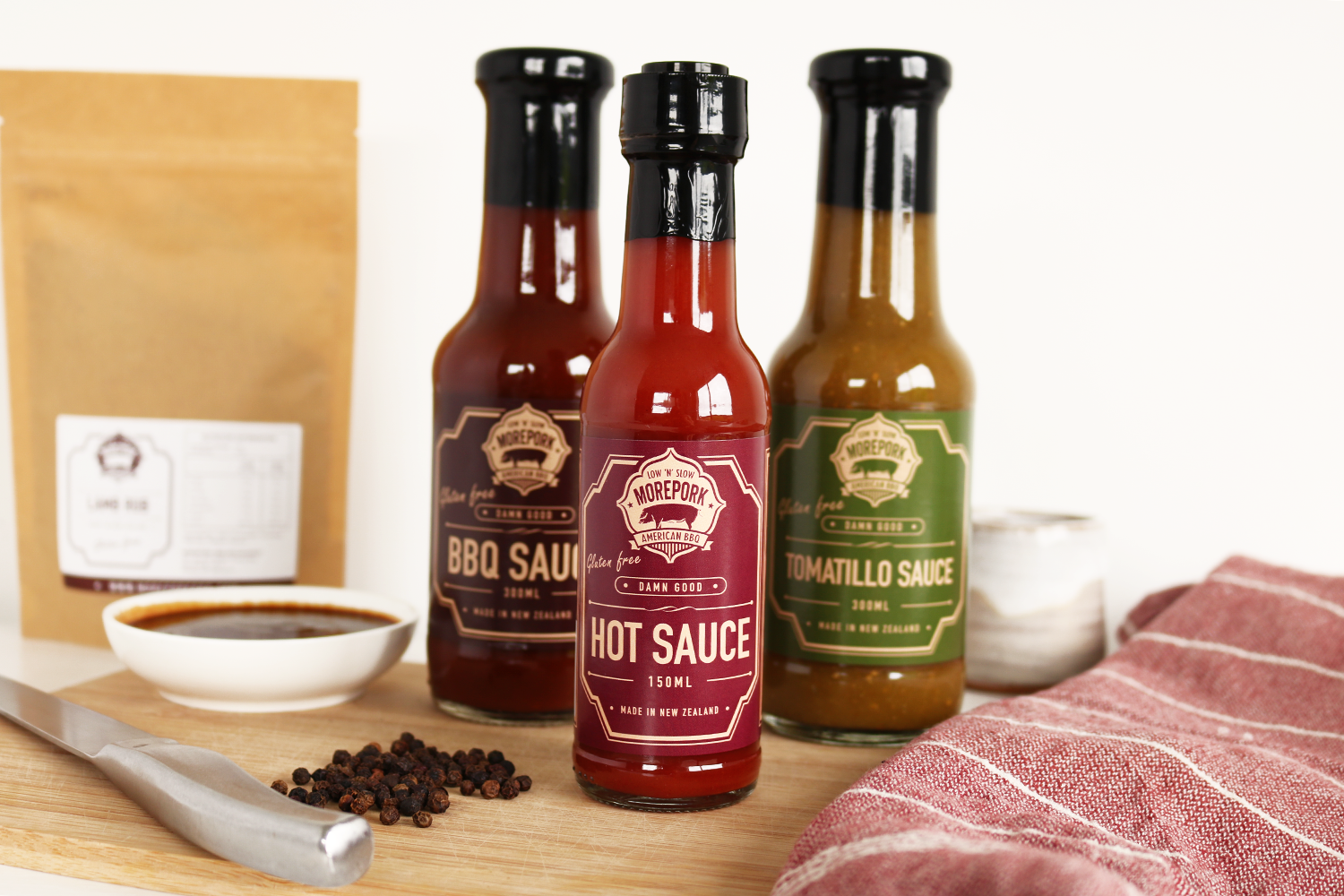 Morepork BBQ, Tomatillo and Hot Sauce Label Designs.