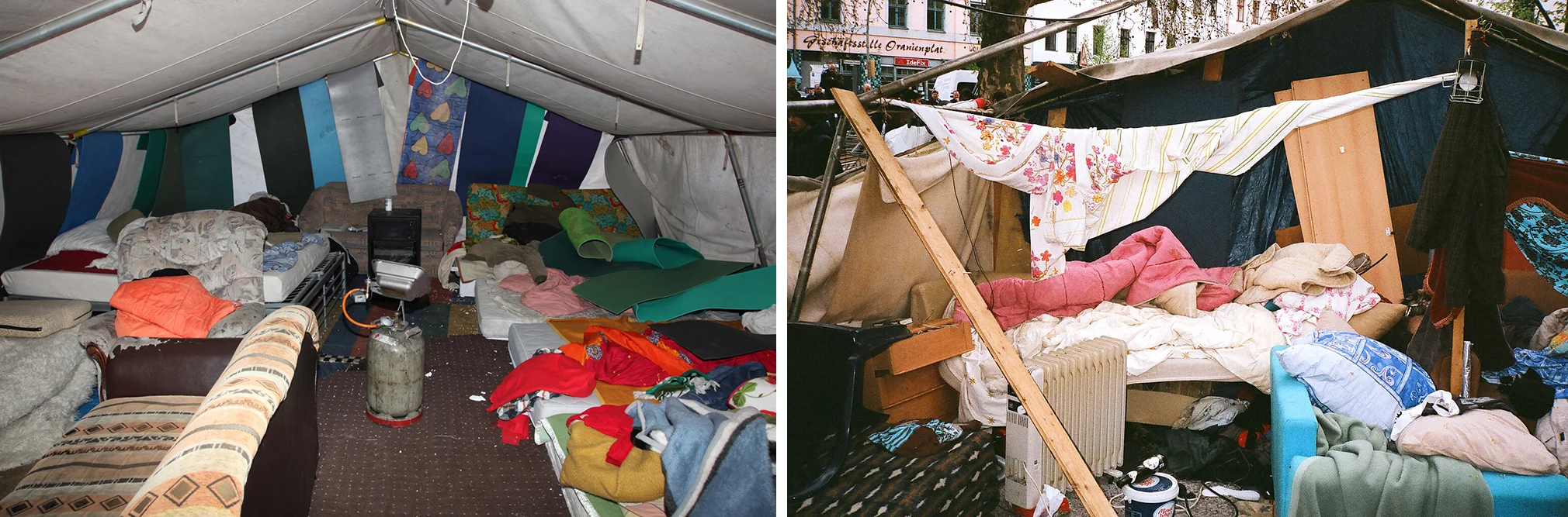 A before (2013) and after (2014) view of separate tents that used to house refugees at Oranienplatz, until they were destroyed by those refugees looking to make a deal with Berlin’s integration minister, Dilek Kolat, 2014. 