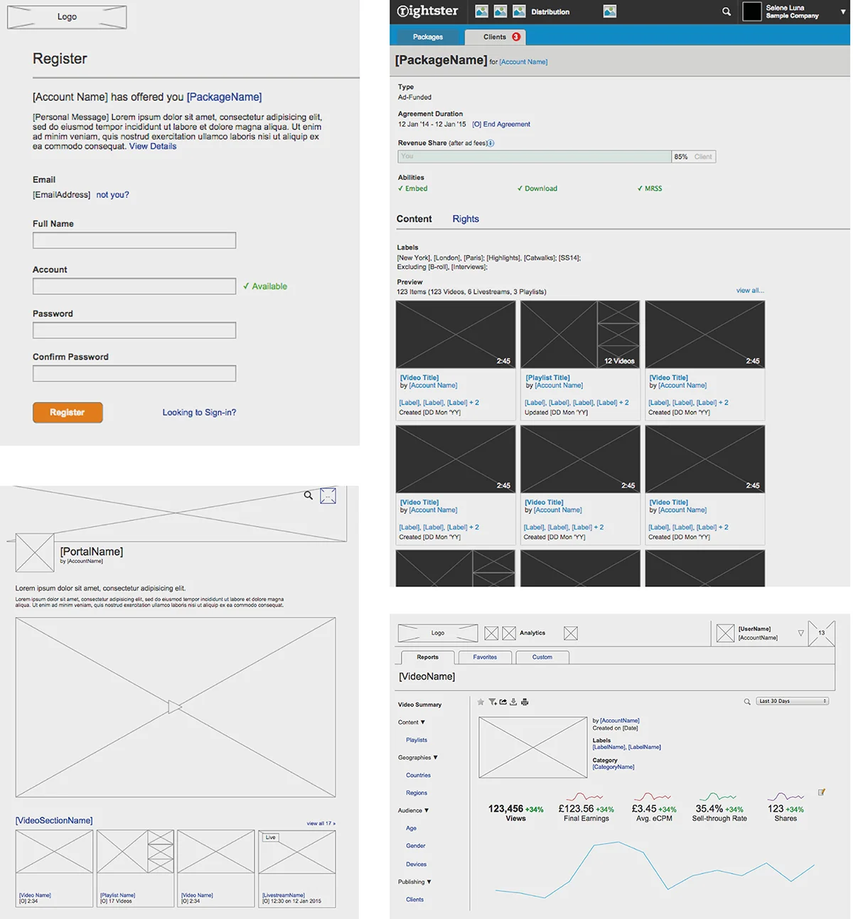 Wireframes for the main platform including client portals