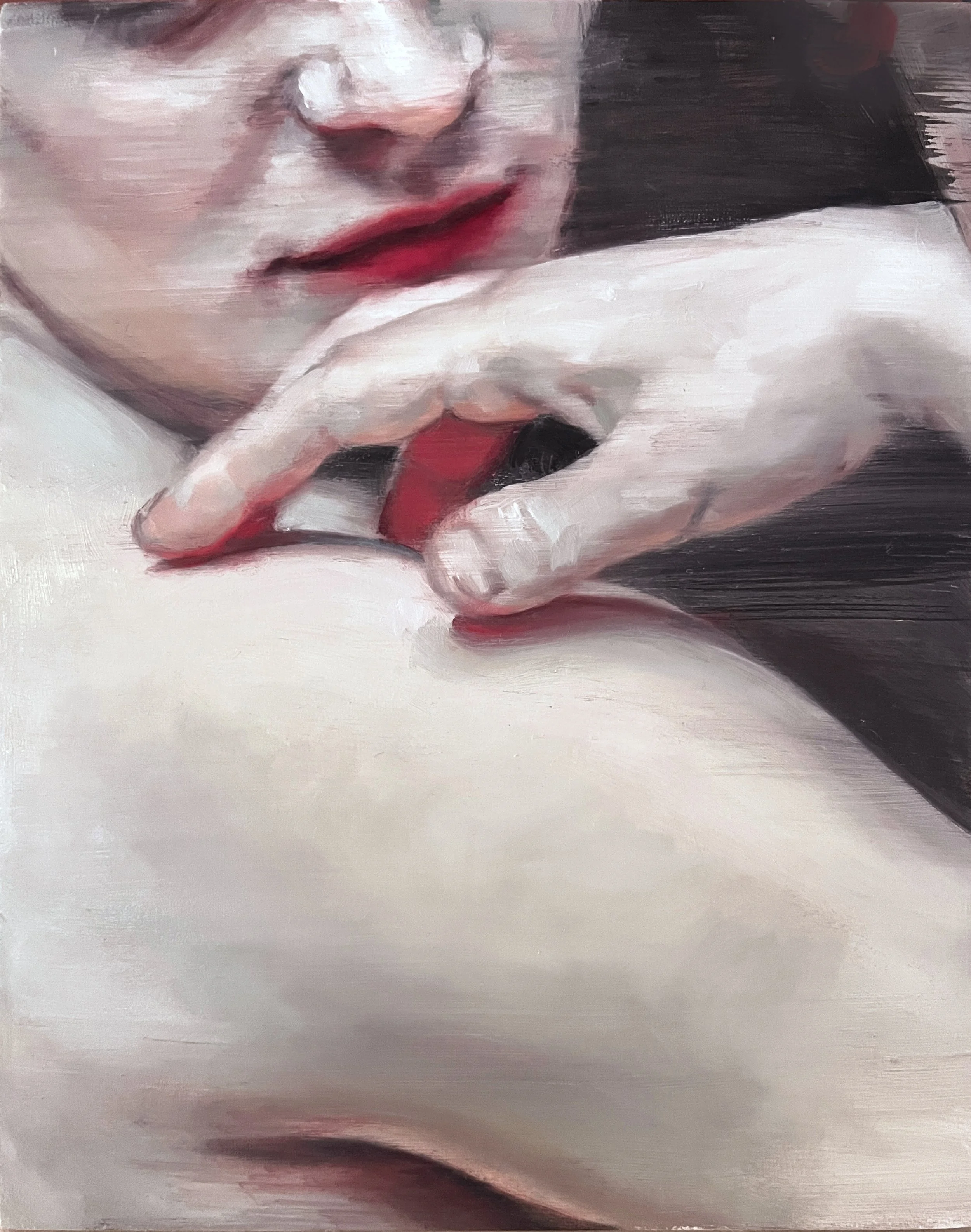 Sensitive contemporary figurative oil painting of a woman. Elegant hand on shoulder and lighting reminiscent of Rembrandt and the old masters