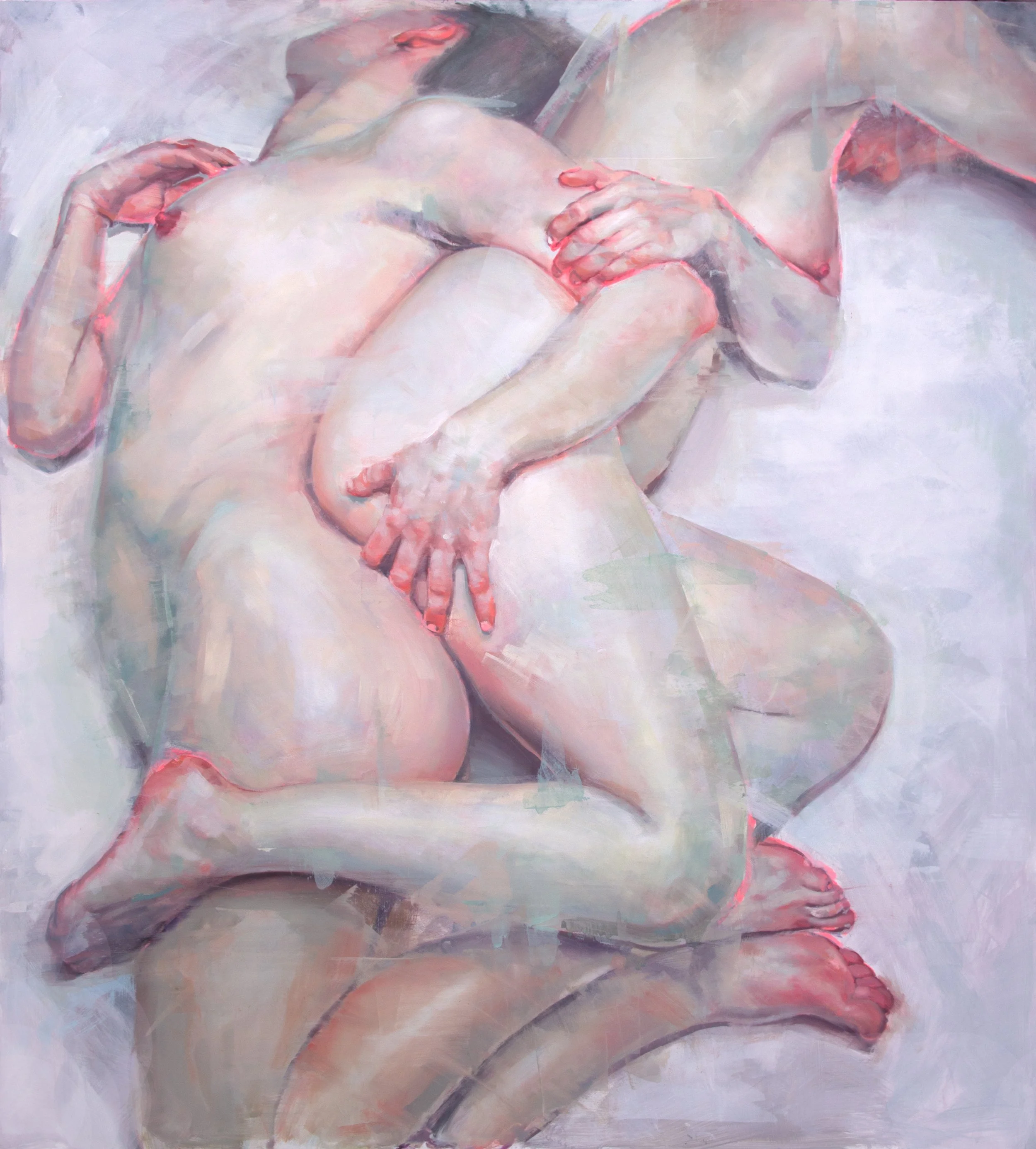 beautiful contemporary figure oil painting of two female lovers. sweeping sensual brushstrokes obscure parts of the figures revealing luminous pink on ears, lips and feet. Reminiscent of Flora Yukhnovich, jenny saville and georges rouy