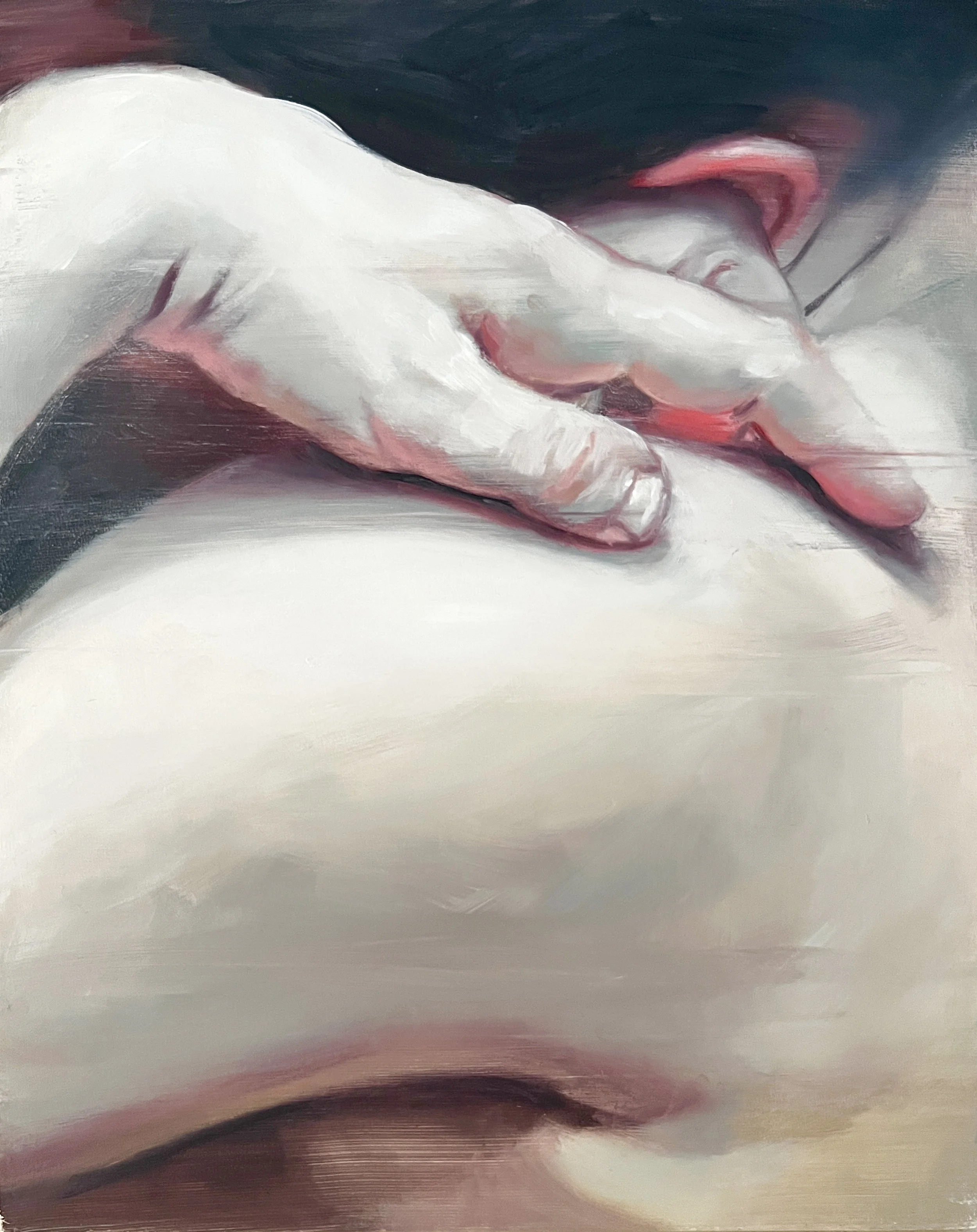 Beautiful sensitive oil painting of a woman's hand on her shoulder. Luminous pink skin tones through the ear and a masterful use of light