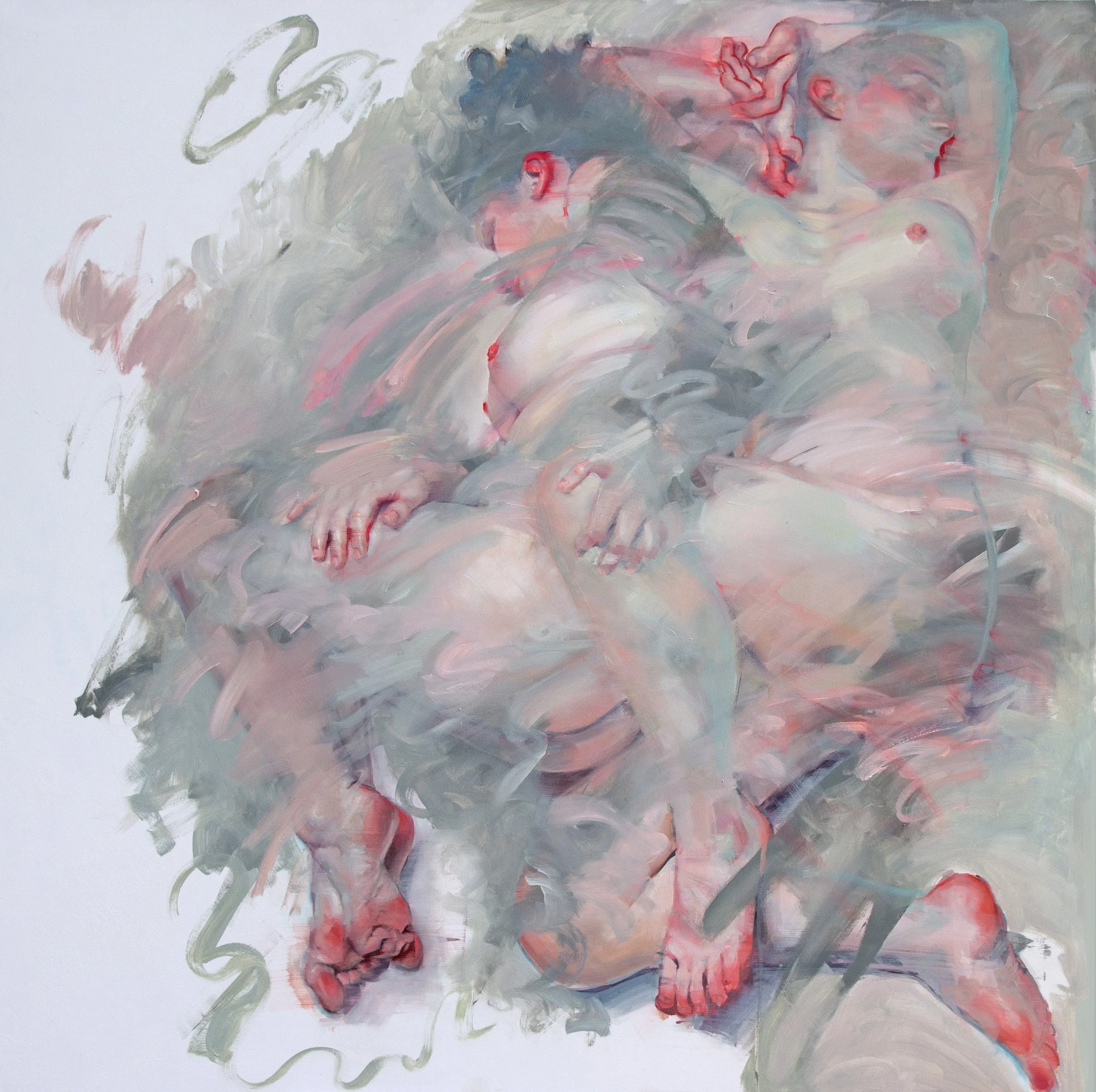 beautiful contemporary painting of two female lovers. sweeping sensual brushstrokes obscure parts of the figures revealing luminous pink on ears, lips and feet. Reminiscent of Flora Yukhnovich, jenny saville and georges rouy