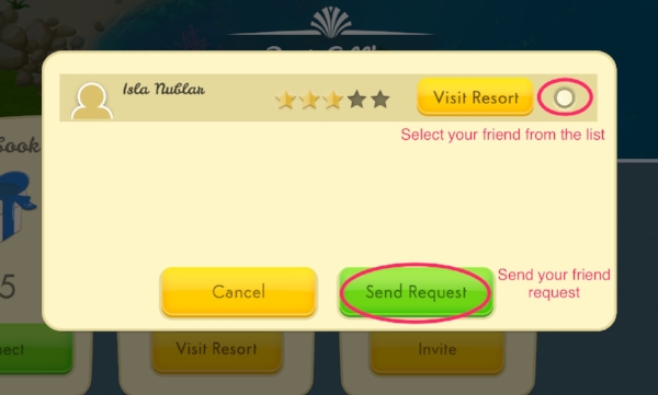 Step 5 - Select that player's resort from the list and send them a friend request