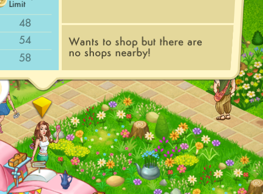 Selecting this guest and tapping on the "i" info button shows the message that she wants to shop but there are no shops nearby. This will be affecting her happiness.