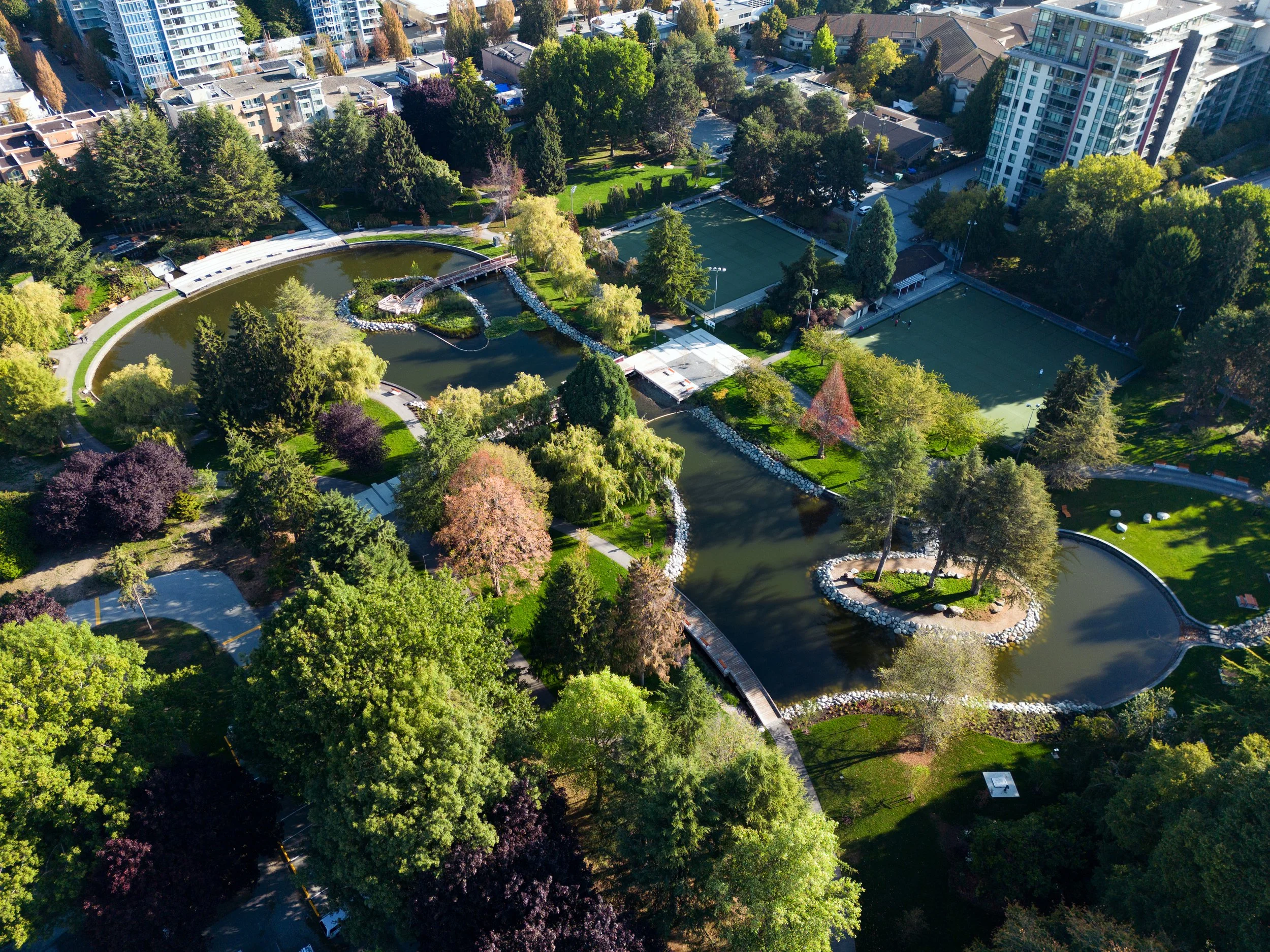 Drone view of Lakes in 2024 after the Lakes Renewal Project completed