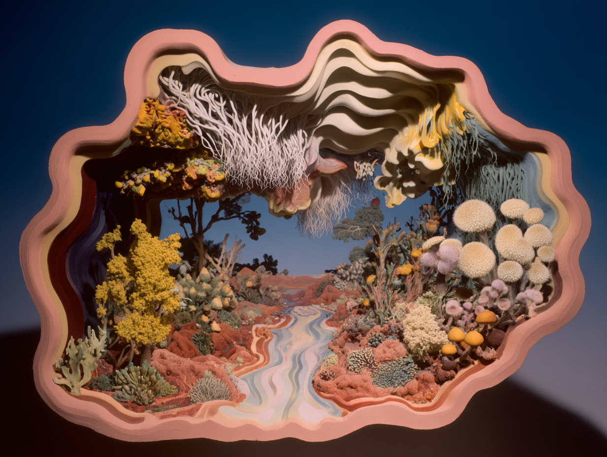 Mixed-media artwork depicting a surreal landscape with a river flowing through colorful plants, trees, and fungi, enclosed by layered, wavy frames resembling topographical lines.