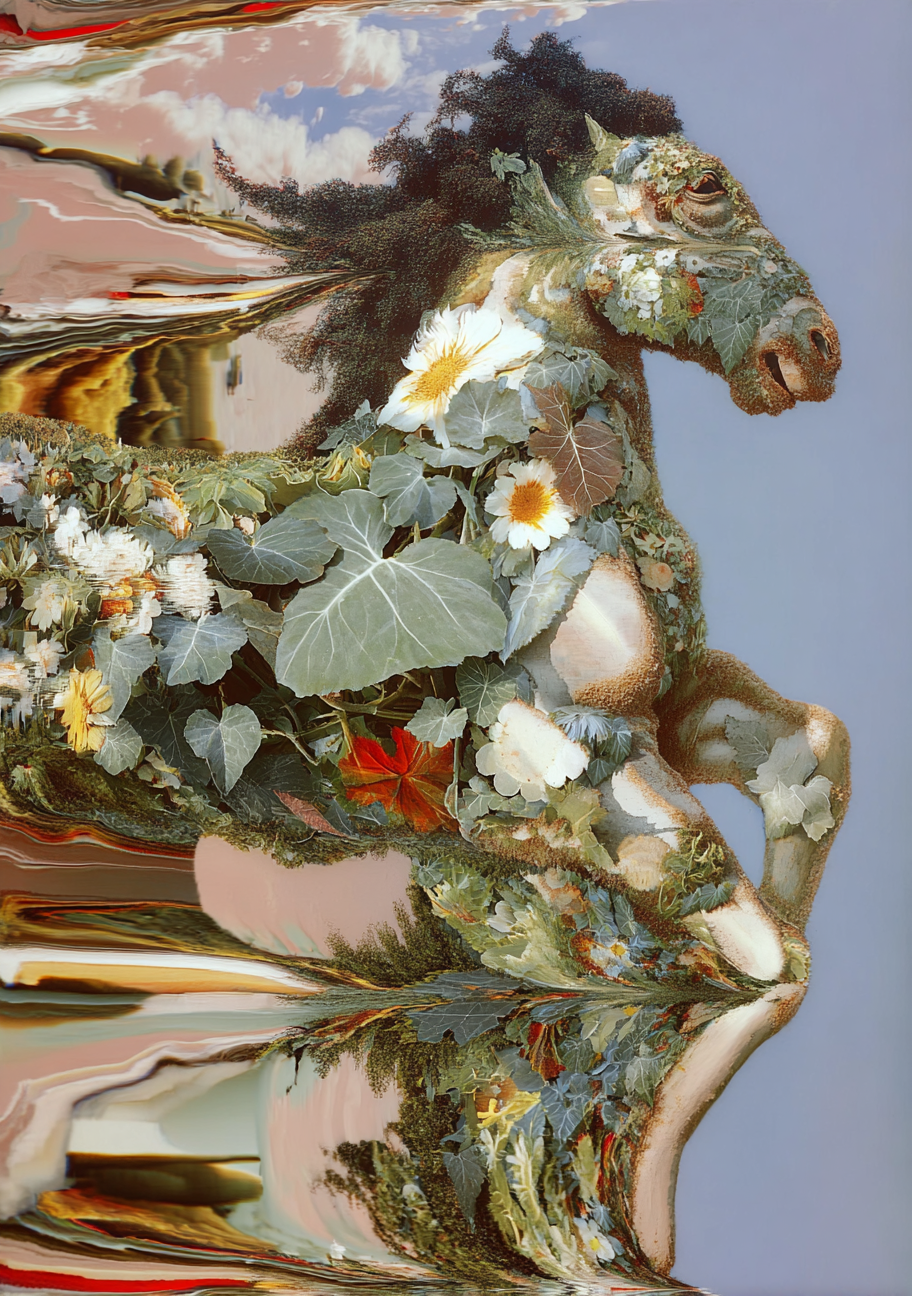 A distorted image of a horse's head made up of flowers and leaves, with a reflection at the bottom.