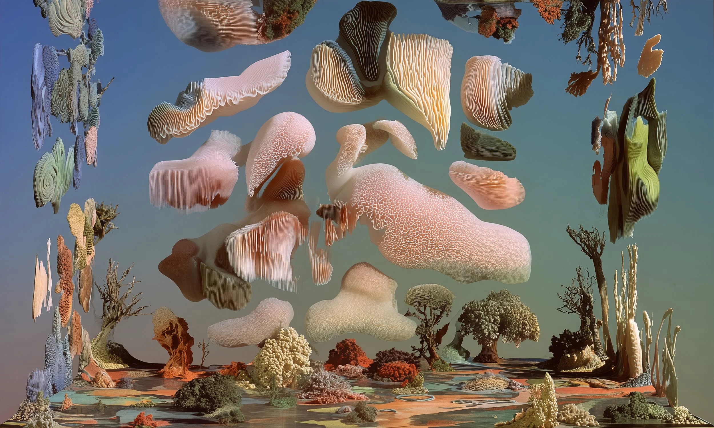 Abstract digital landscape with floating organic shapes resembling mushrooms and trees, pastel colors, and reflections on a water-like surface.