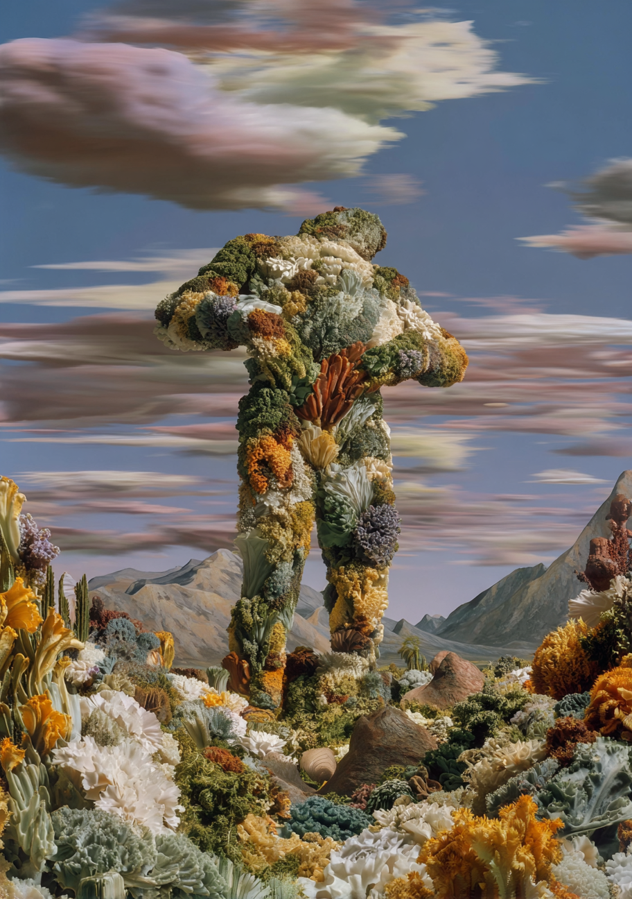 A landscape surreal scene with a giant humanoid figure made of various colorful rocks and plants standing in a desert area surrounded by smaller plants and rocks, mountains in the background, and a sky with dramatic, mixed-colored clouds.