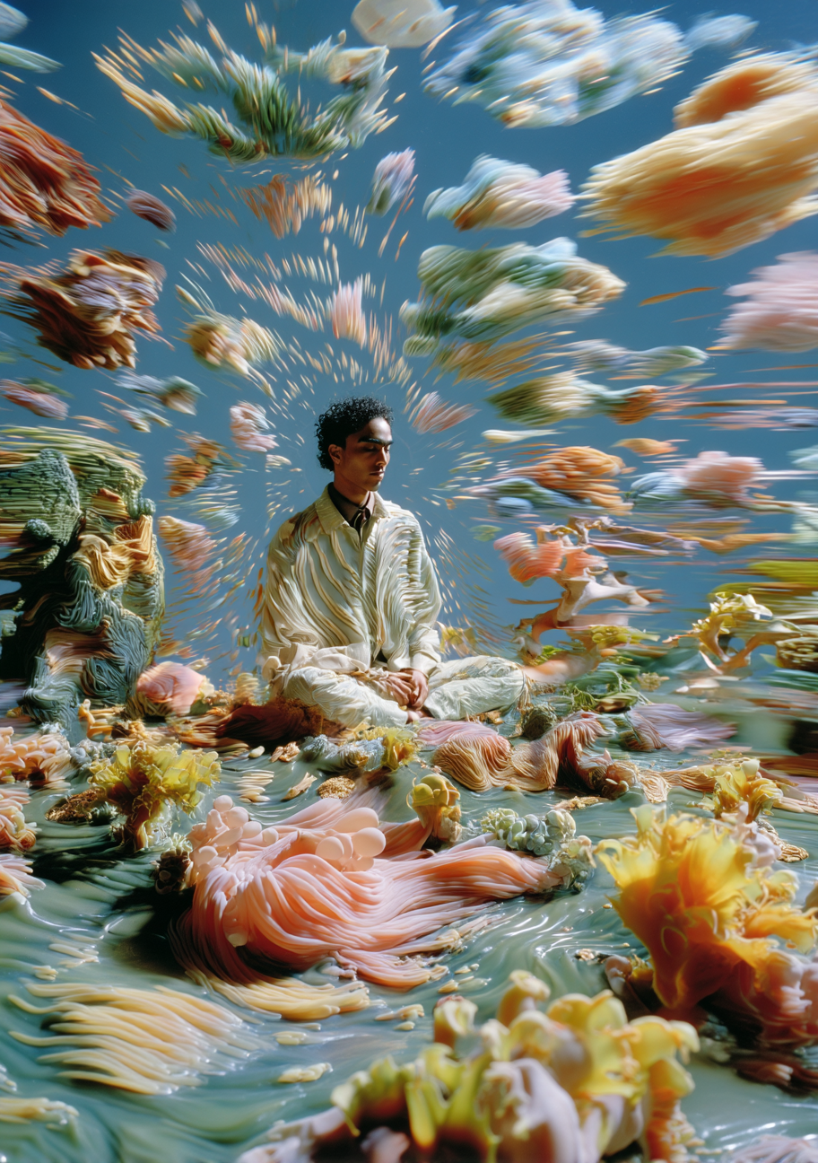 A person sitting in a surreal, abstract environment filled with flowing and swirling colorful shapes, resembling flowers and organic forms, with a blue sky background.
