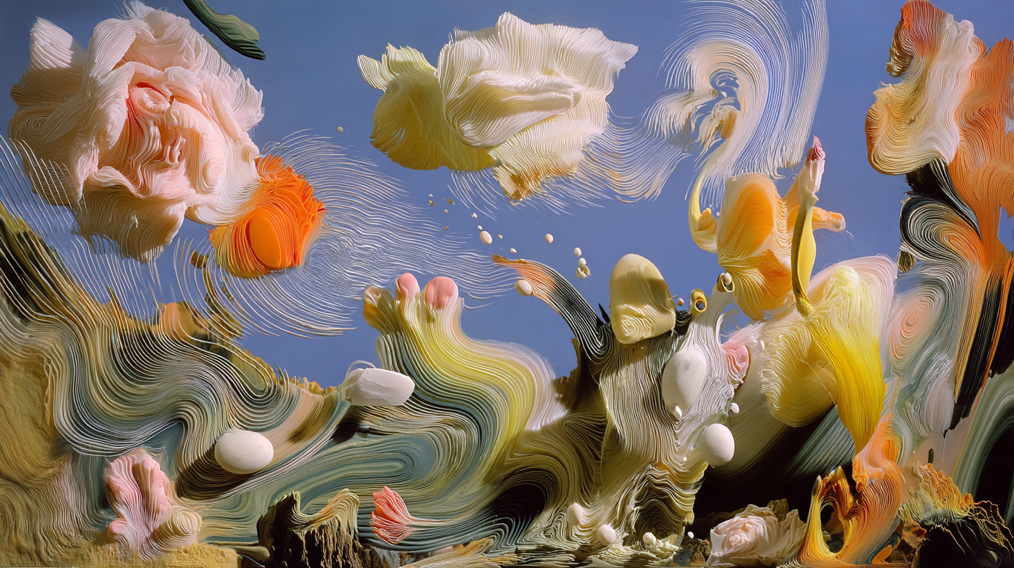 Abstract digital painting with swirling colors and textures, including pink, yellow, green, and black, set against a blue background.