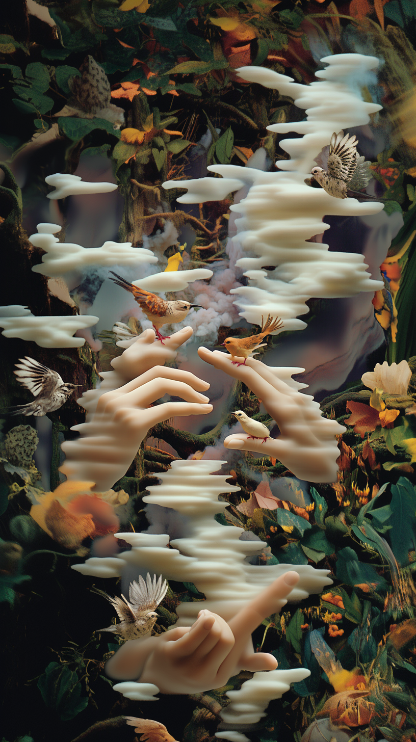 Surreal digital artwork depicting hands in different positions surrounded by birds flying amidst layered, cloud-like structures in a lush, forested background.