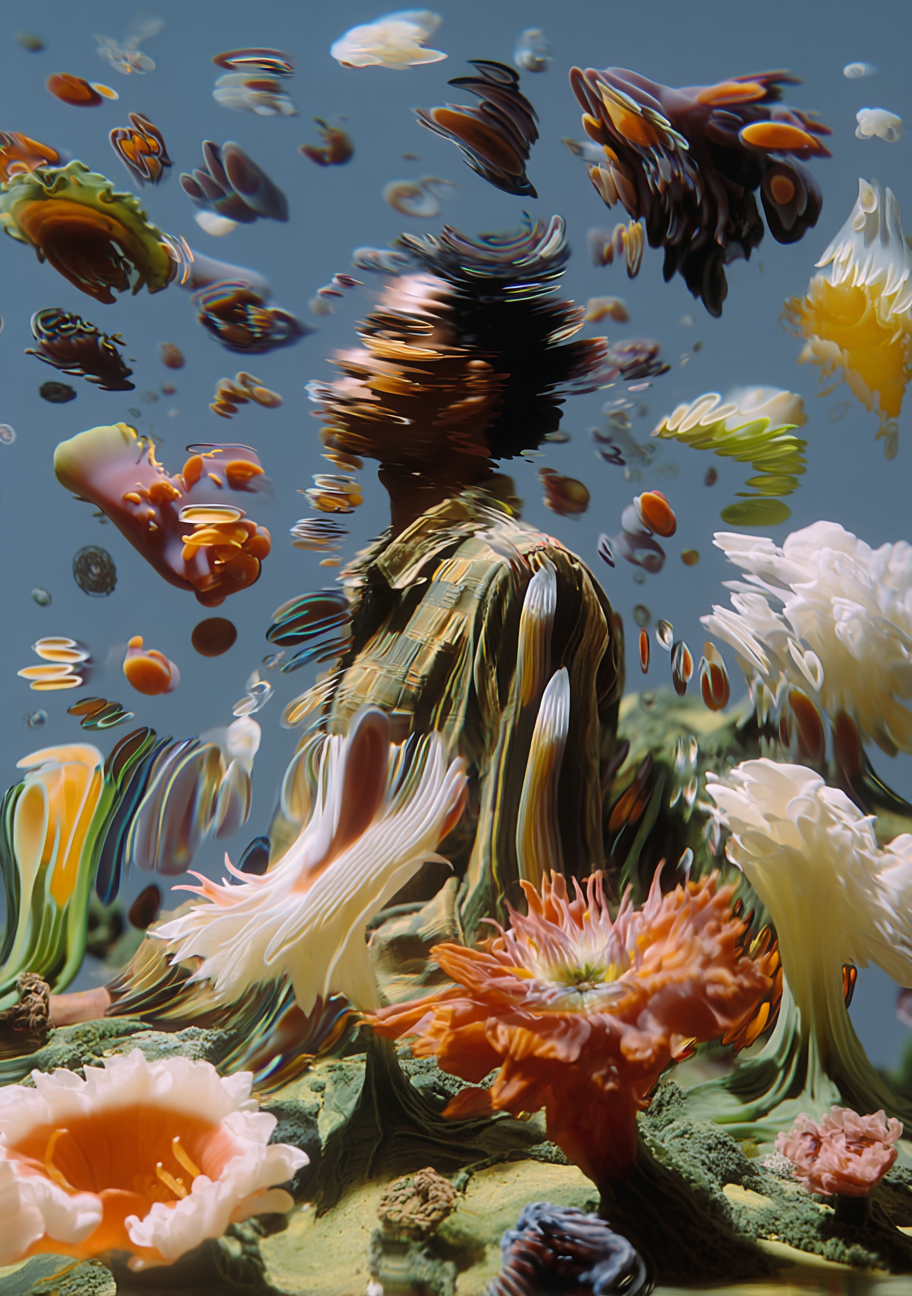 Abstract underwater scene with distorted water and colorful, flowing coral and plant-like formations.