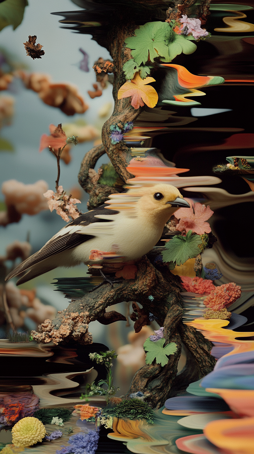 A digitally distorted image of a bird perched on a tree branch with colorful leaves and flowers, featuring a swirling, abstract background.