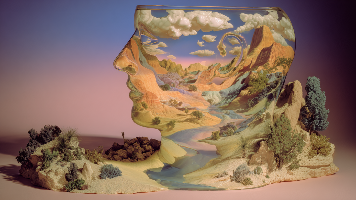 A sculptural glass piece shaped like a human profile, with a landscape scene of mountains, river, and sky inside the glass