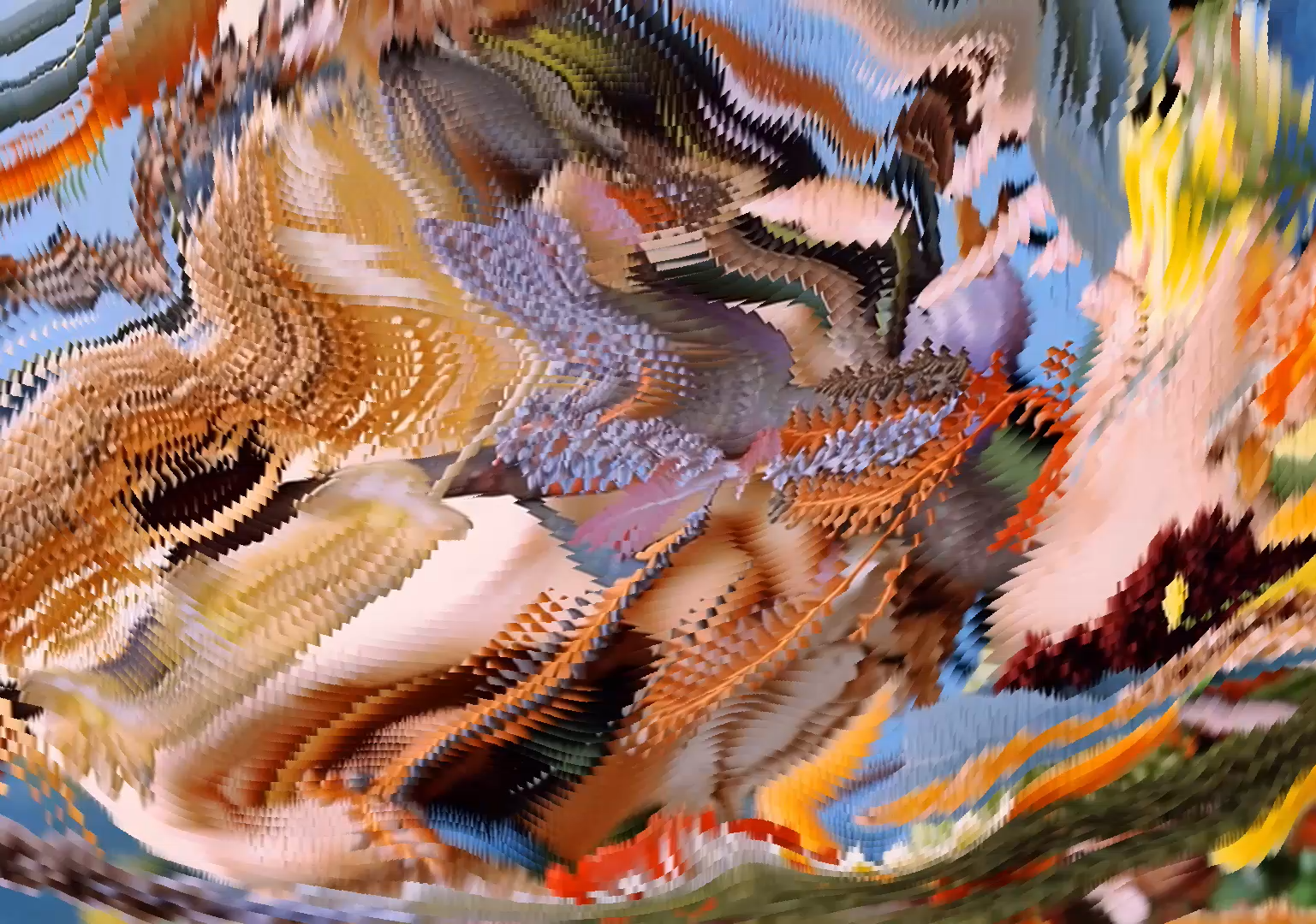 An abstract, distorted image with swirling patterns and vibrant colors including orange, purple, blue, and beige.