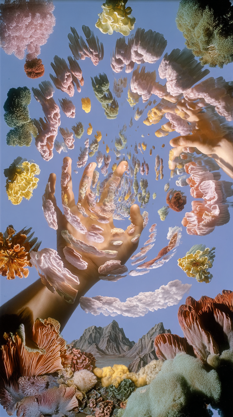 Fantasy scene featuring a sky with colorful coral, sea anemones, and rocks, with a large hand reaching toward swirling coral formations in the sky.