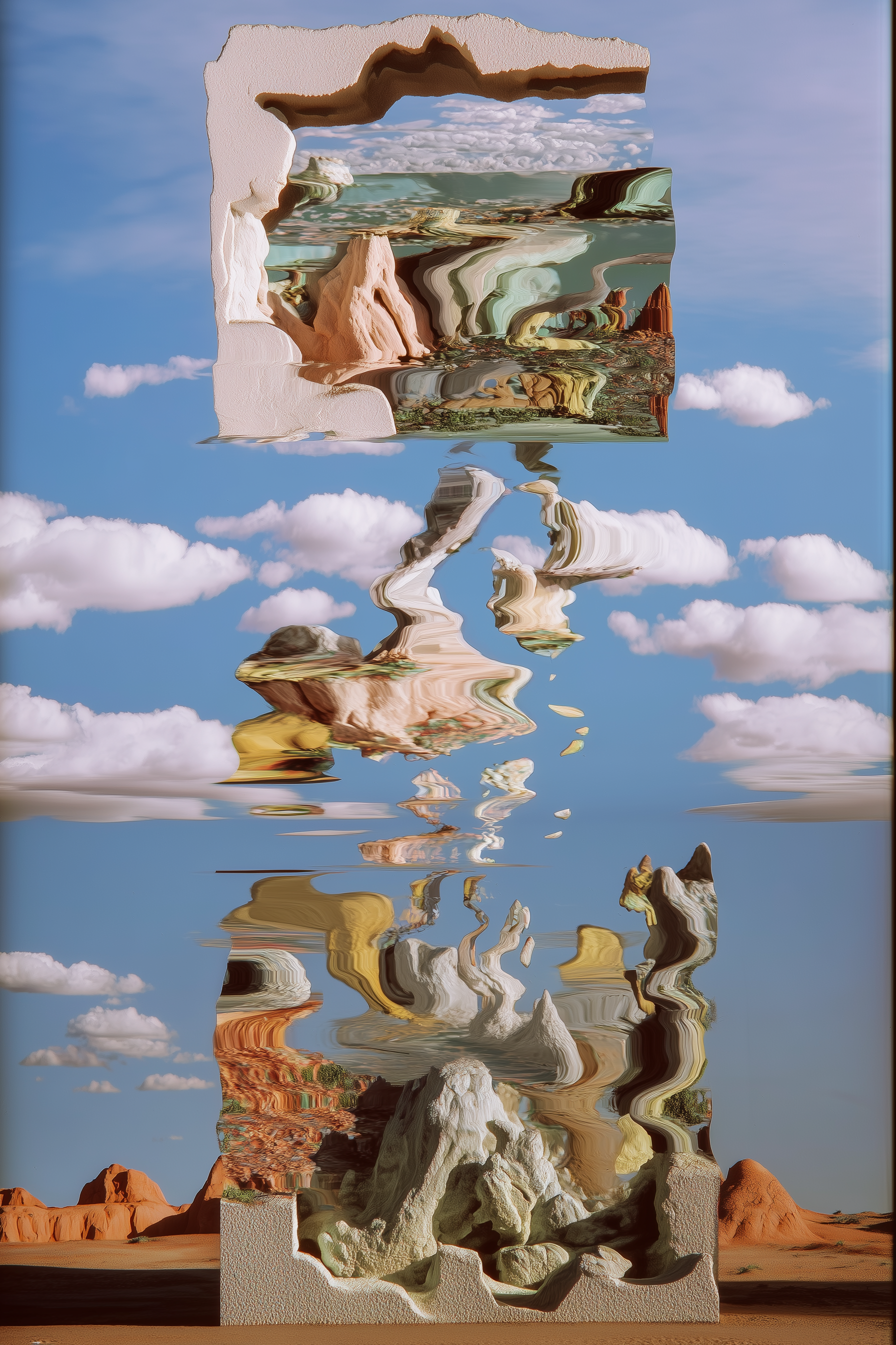 A mixed media artwork featuring desert landscape, blue sky with clouds, and colorful rock formations, with a large sculptural frame resembling a rectangular cutout.