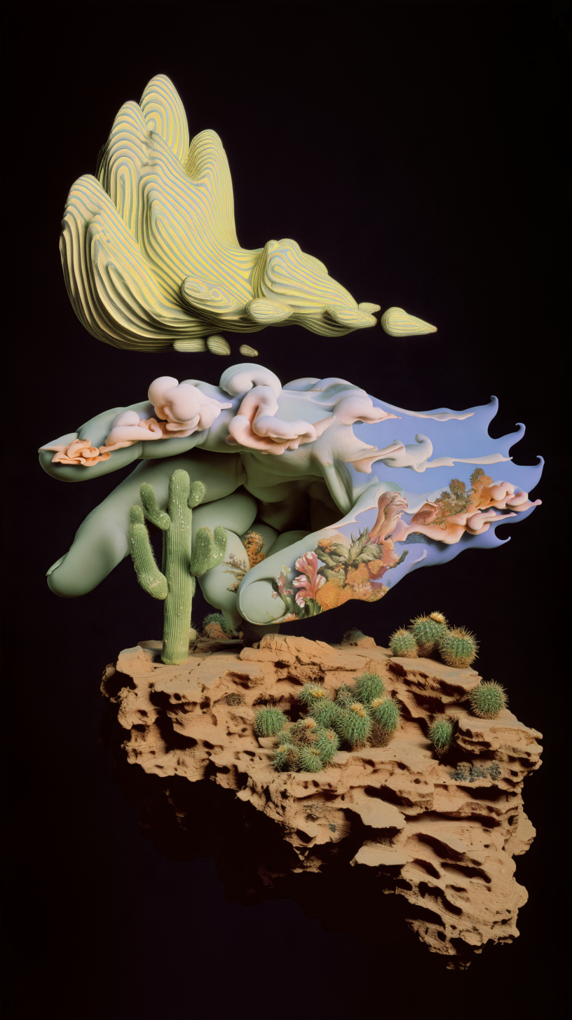 A surreal sculpture featuring layered cloud-like formations, cacti, and desert plants on a rocky base, set against a black background.