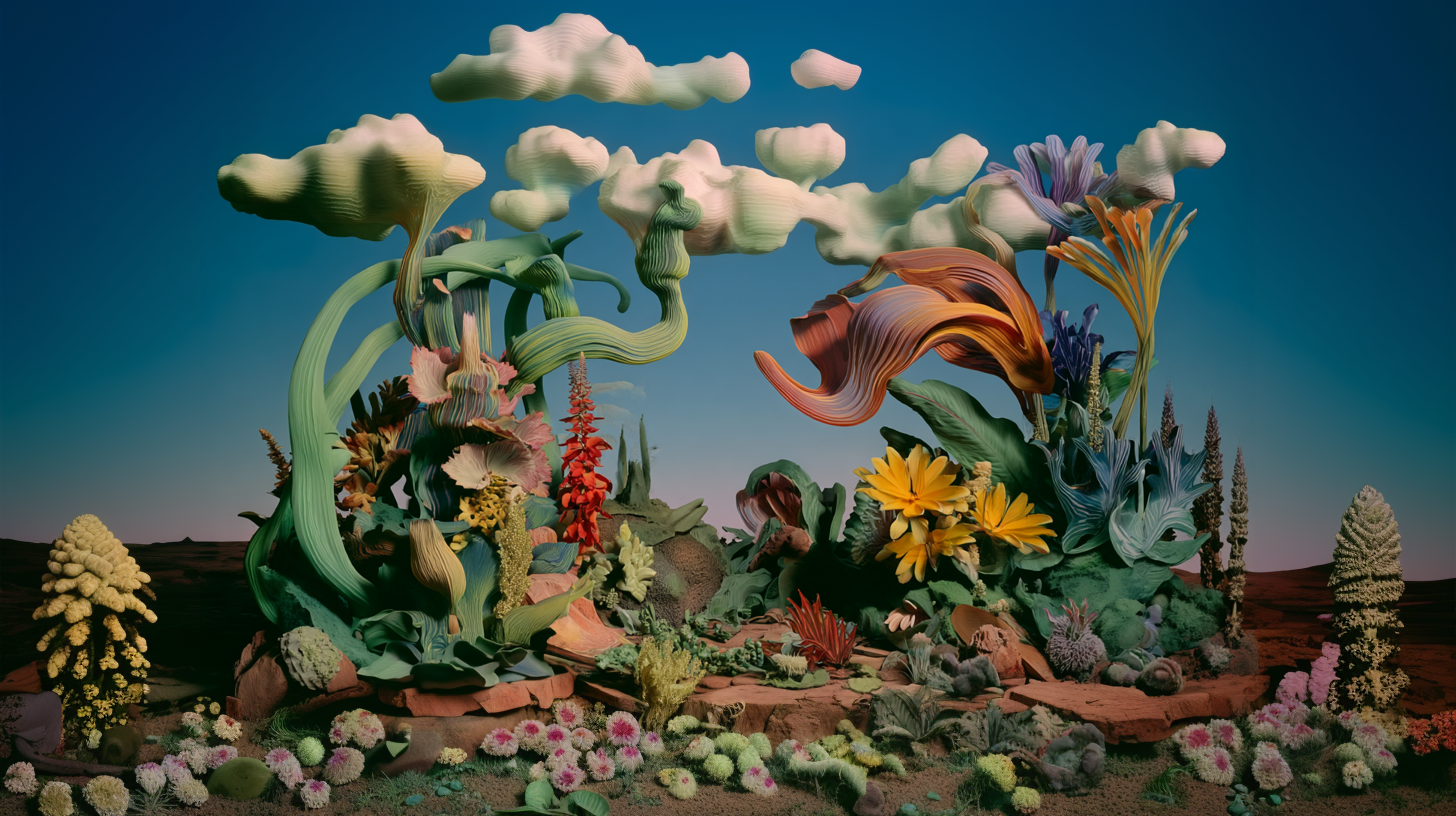 A surreal, colorful landscape with abstract, oversized plants and flowers against a blue sky with clouds.