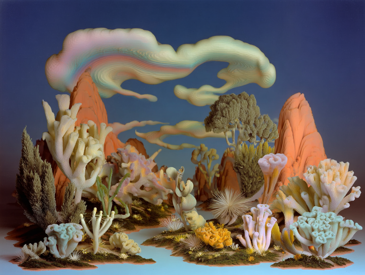 Abstract colorful landscape with stylized coral-like structures, mountains, and swirling clouds in pastel tones.
