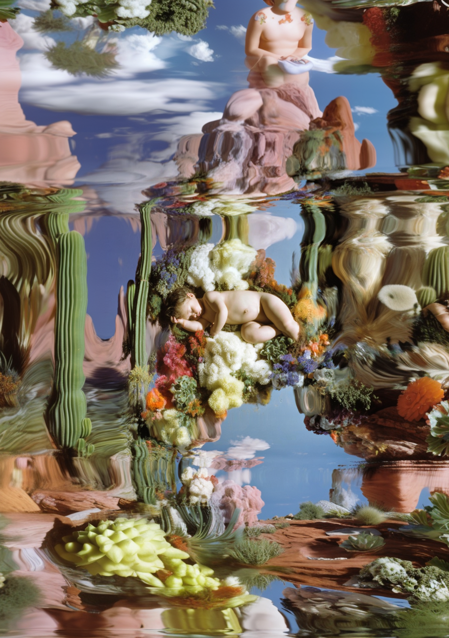A surreal digital artwork featuring two nude children amidst a landscape of vibrant, fantastical plants and flowers, with a blue sky and scattered clouds reflecting in a distorted, water-like surface.