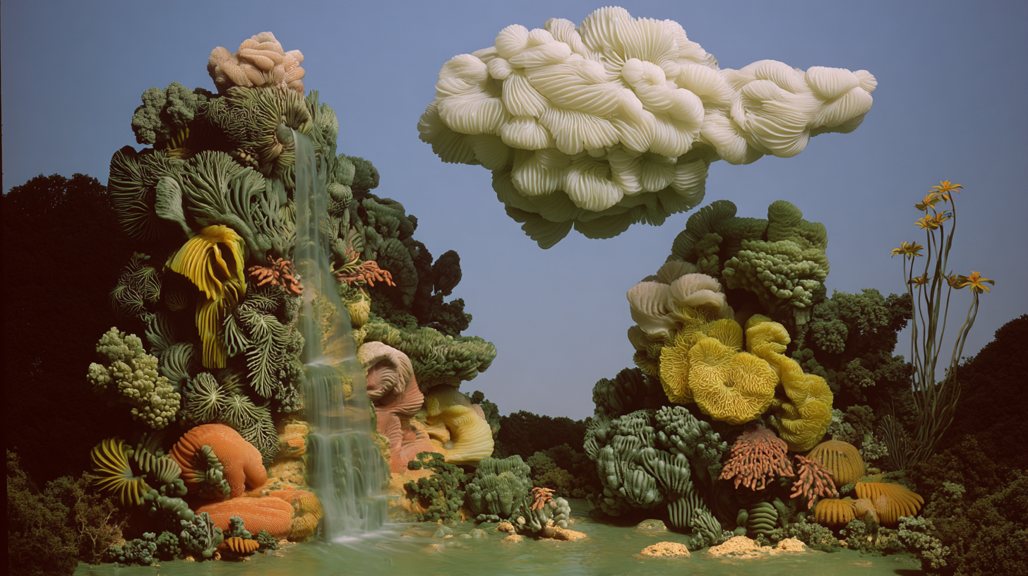 Fantasy landscape with giant, colorful coral-like formations, a waterfall, and a small pond, set against a blue sky.