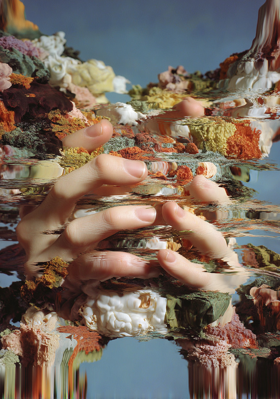 A person’s hand holding a piece of colorful coral reef or abstract sculpture underwater, creating a distorted, rippled reflection.