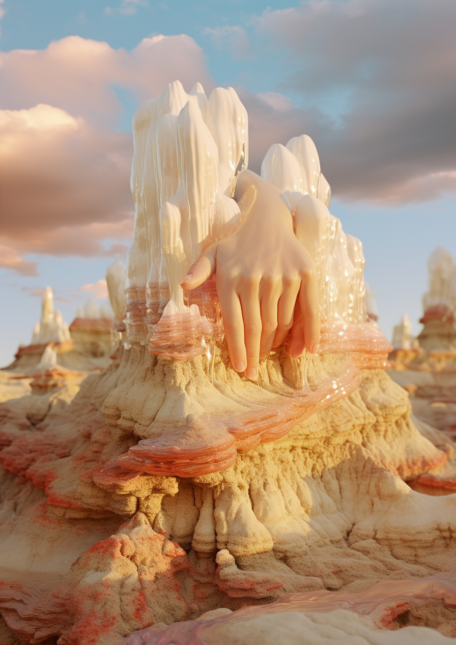 A surreal landscape with mineral formations and a large, realistic-looking human hand emerging from the ground. The sky is partly cloudy with warm lighting.