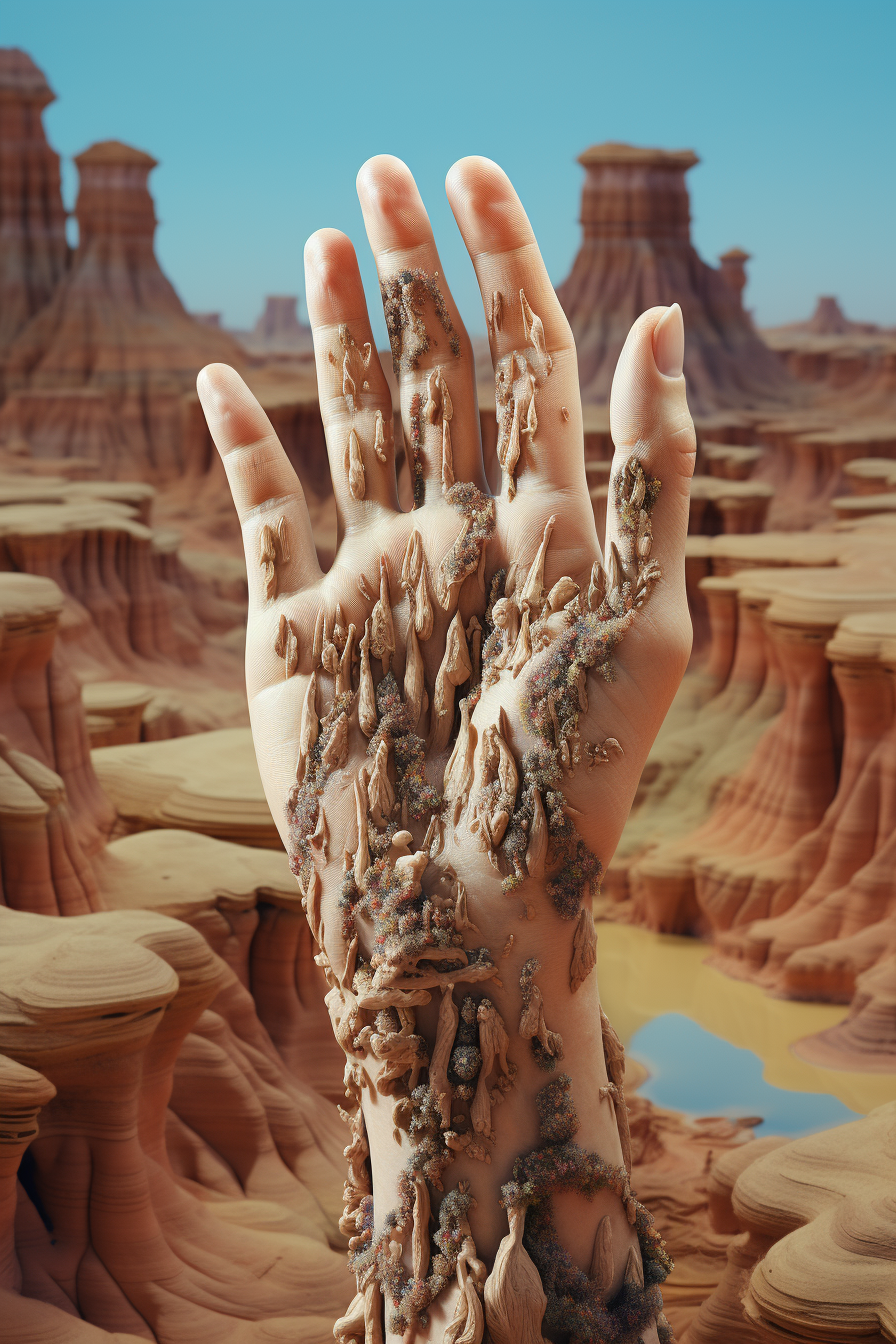 A hand covered with sand and small pebbles raised against a desert landscape with rock formations and a blue sky.