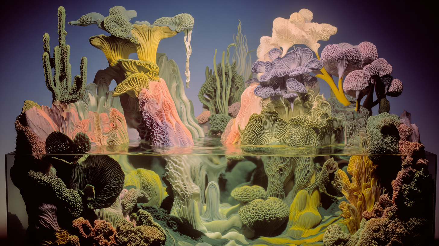 Colorful, fantasy-like coral reef scene with various stylized coral formations, mushrooms, and underwater plants in pastel shades of pink, purple, yellow, and green, with a reflection in the water below.