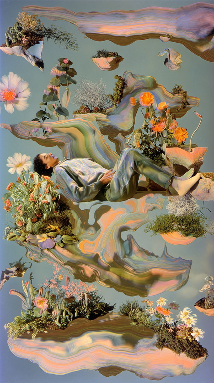 Surreal artwork featuring a person in pajamas lying on floating, colorful, marble-like rock formations with various flowers and plants growing on them, set against a pastel-colored sky.