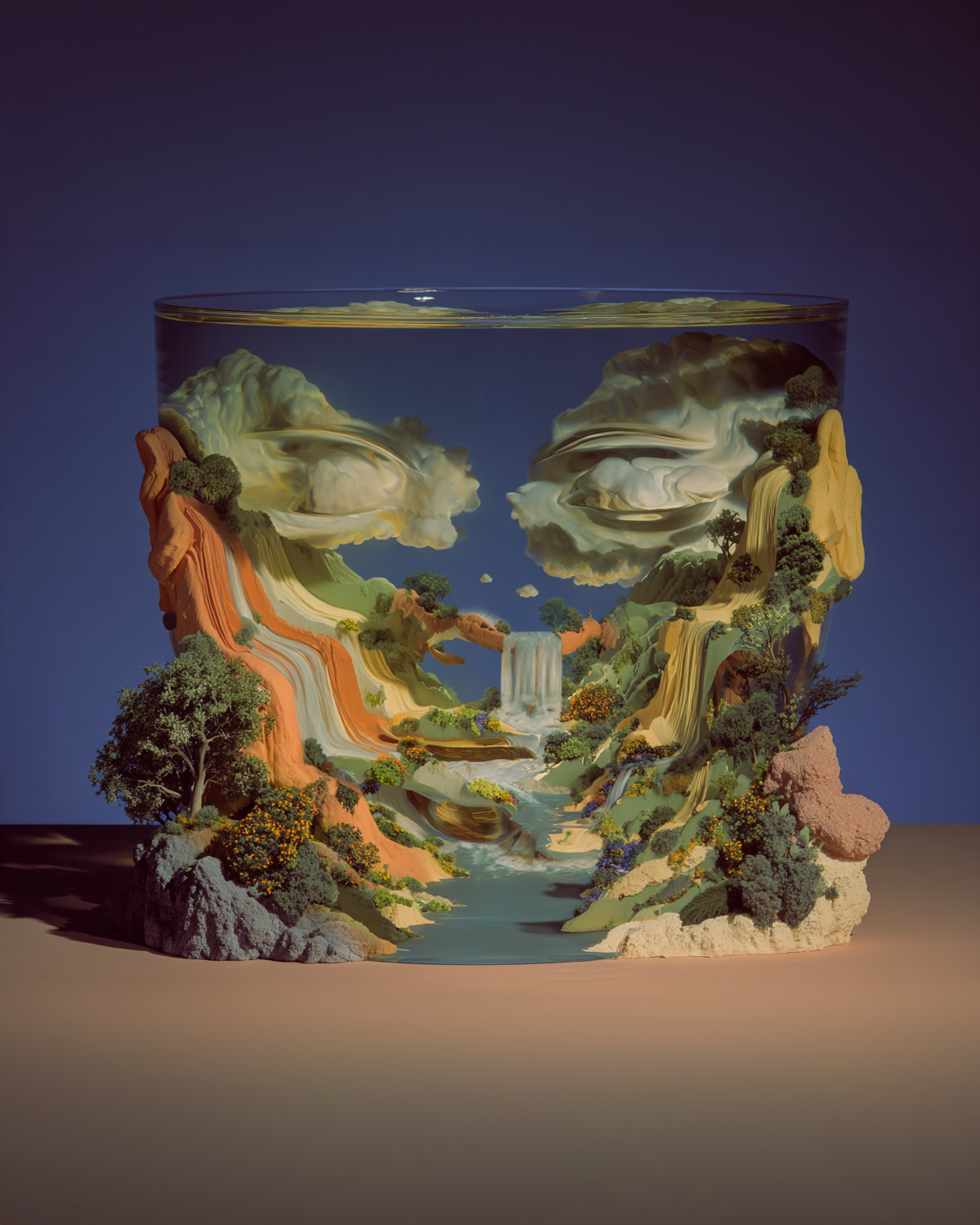 A glass containing a surreal landscape with mountains, waterfalls, trees, and clouds, arranged to resemble a face with two eyes.