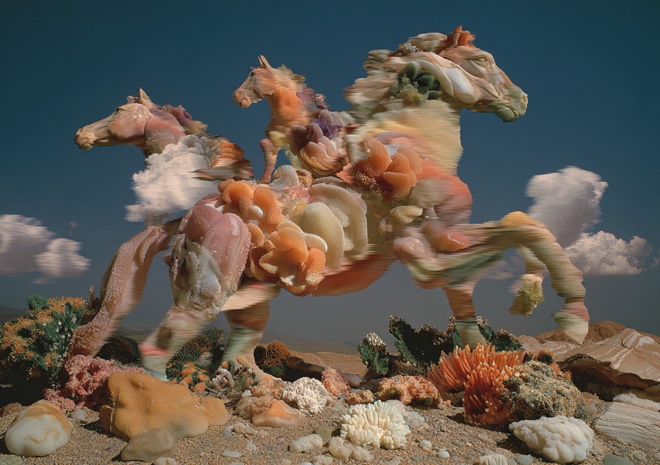 A surreal landscape with a large, abstract horse sculptures made of various colorful materials, set against a blue sky with clouds and desert terrain with cacti and rocks.