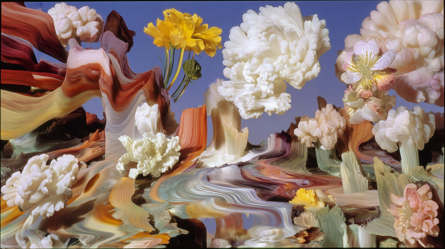Abstract digital artwork with distorted flowers, including yellow, white, pink, and purple blooms, set against a blue sky background.