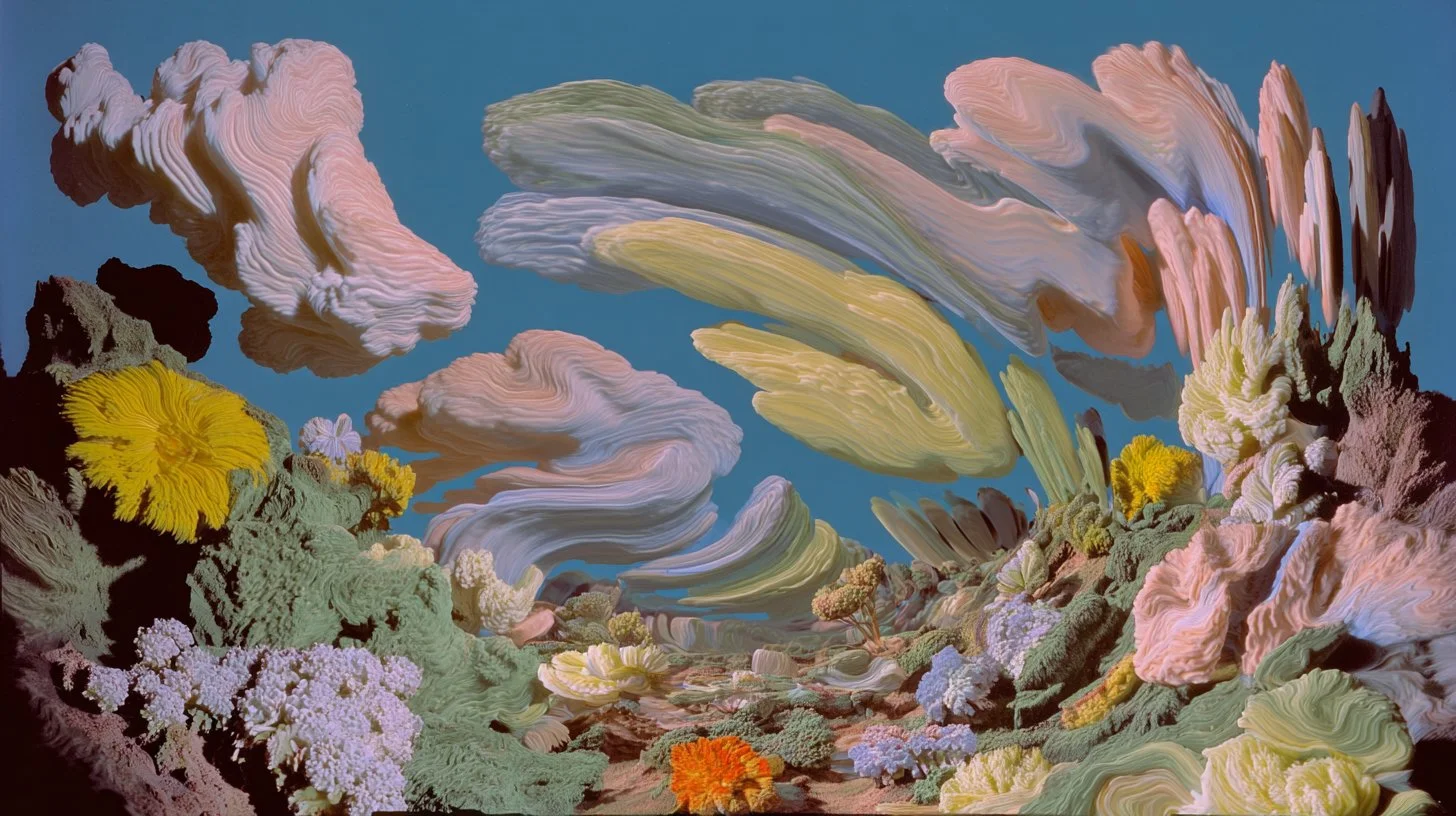 Abstract digital artwork depicting colorful, swirling formations resembling clouds and flowers against a blue sky.