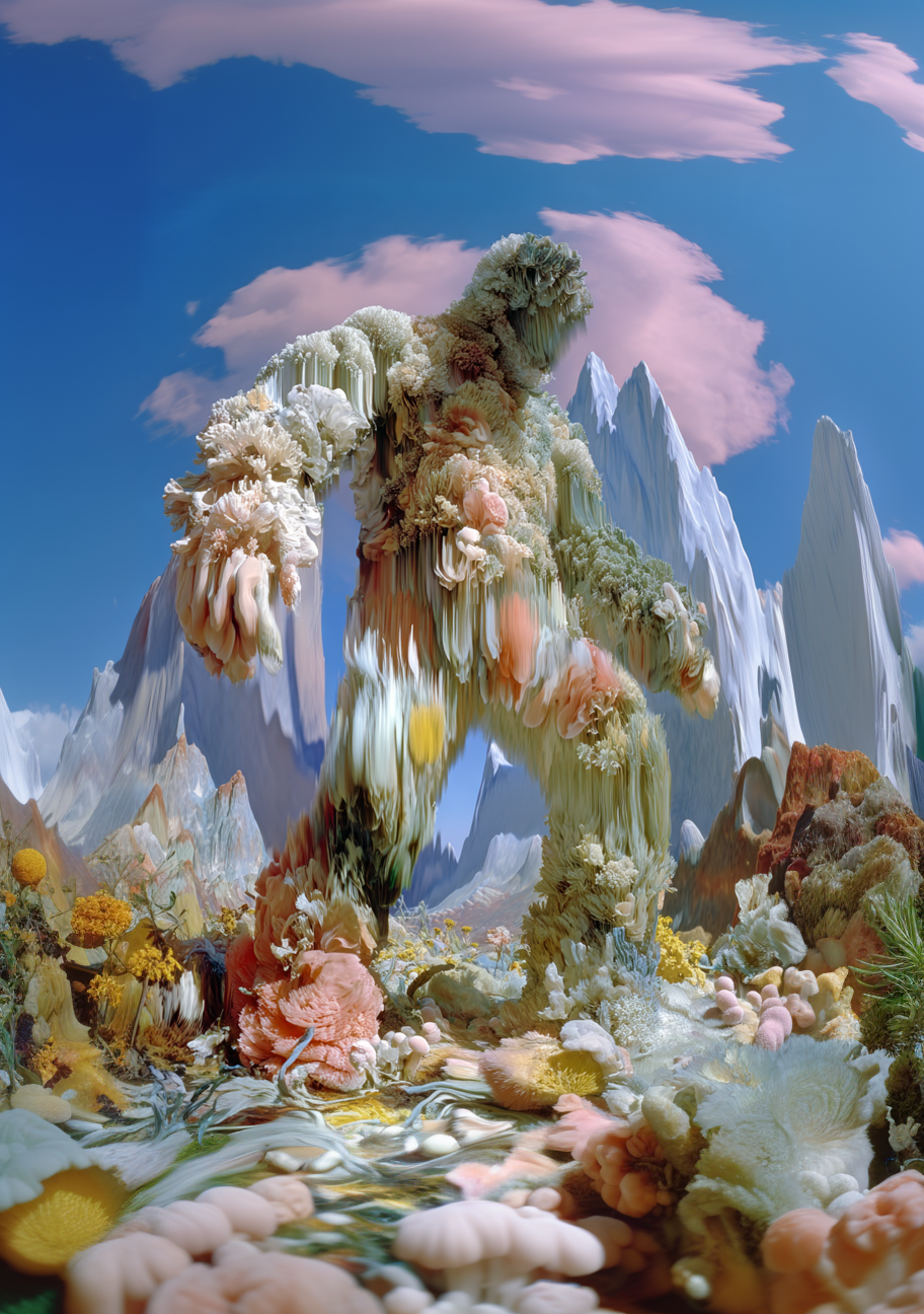 A surreal landscape with mountains and sky, featuring a large humanoid figure composed of multicolored, textured organic shapes resembling flowers and fungi. The ground is covered with similarly textured formations and colorful plants.